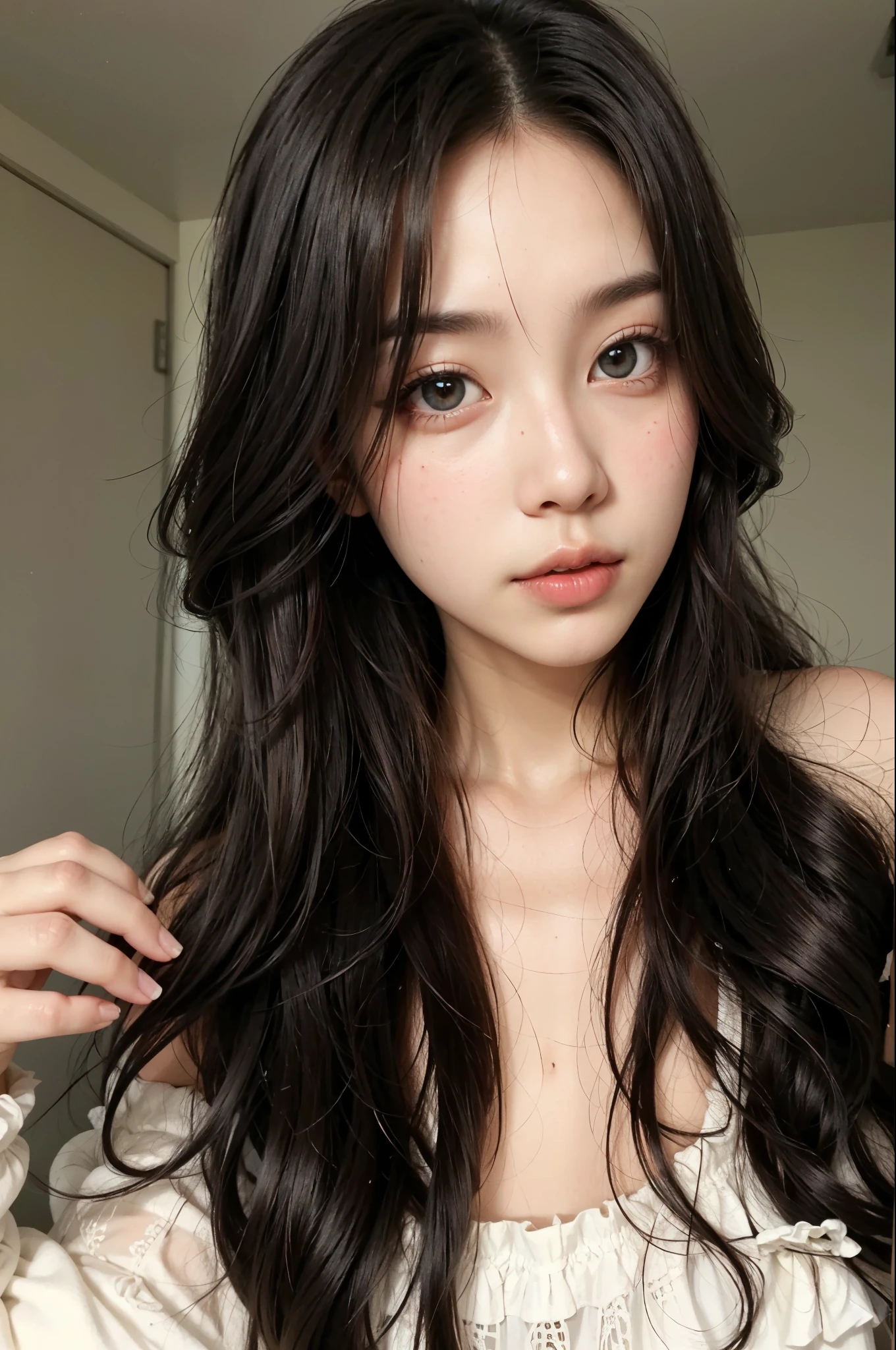 a close up of a woman with long black hair wearing a white dress, ulzzang, korean girl, young adorable korean face, beautiful asian girl, popular korean makeup, popular south korean makeup, young cute wan asian face, beautiful young korean woman, korean face features, gorgeous young korean woman, girl cute-fine-face, asian girl with long hair