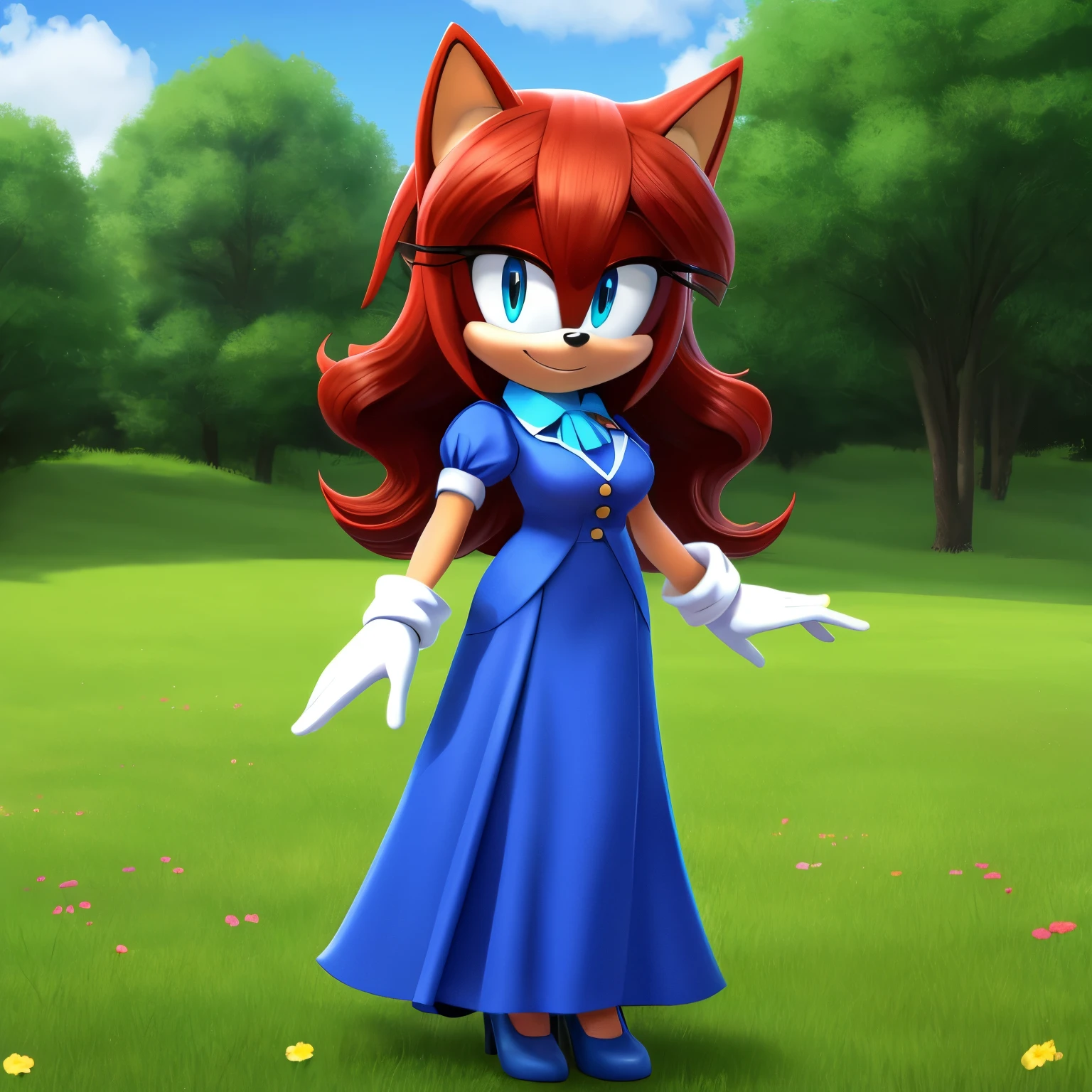 Female, Mobian, Hedgehog, crimson red fur, blue eyes, ((very long wavy quills/hair)), hair bangs, ((solo)), ((1girl)), one hand on hip, masterpiece, best quality, 1girl, solo, breasts, looking at viewer, smile, long skirt, shirt, gloves, long dress, standing, full body, short sleeves, puffy sleeves, collared shirt, white gloves, vest, arm up, black high heels, puffy short sleeves, ascot, buttons, happy, blue dress, furry, black vest, body fur, blue ascot, blue eyes, furry female, sonic the hedgehog \(series\), perfect anatomy, black vest, puffy sleeves, blue dress, hands in front of each other in a polite manner, flowery field background