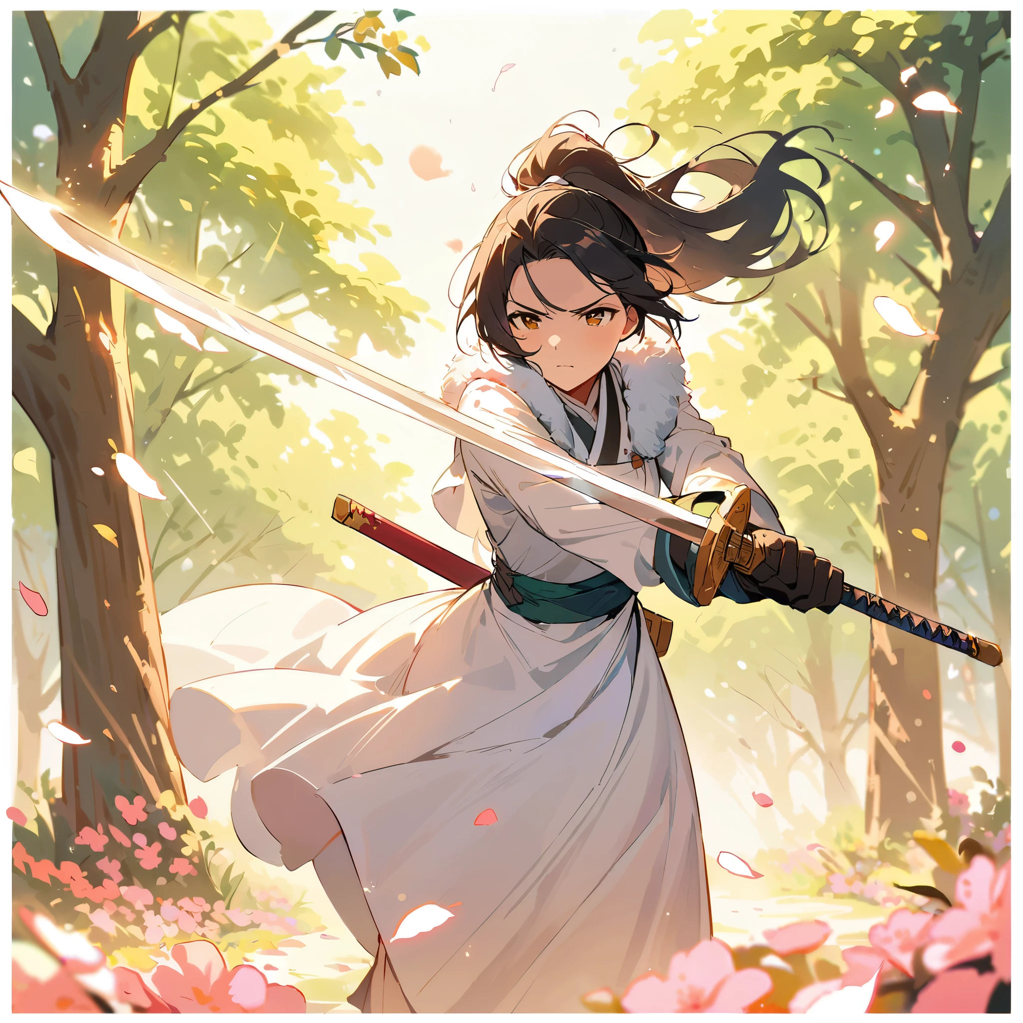 Spring Morning,(spring),(morning),(windy),(blood),(motion blur),(dress in white),Petals fluttering in the wind, shining swords, helpless expression, anger, fighting with death, very detailed expression, very detailed petals,ponytail, 2swordsman fighting,fight,gongfu,stand in trees, 2swordsman stood in a peach tree forest with petals dancing,petals , detailed ,completing the stable diffusion of serenity and contentment,masterpiece, best quality,masterpiece, best quality, swordman,holding a sword(trees:0.5),(eagle:0.5), (bamboo:0.2) fighting stance, 1man, glowing, solo, weapon, sword, tree, holding, gloves, outdoors, sheath, border, holding weapon, black hair, holding sword, fur trim, looking away,look at view