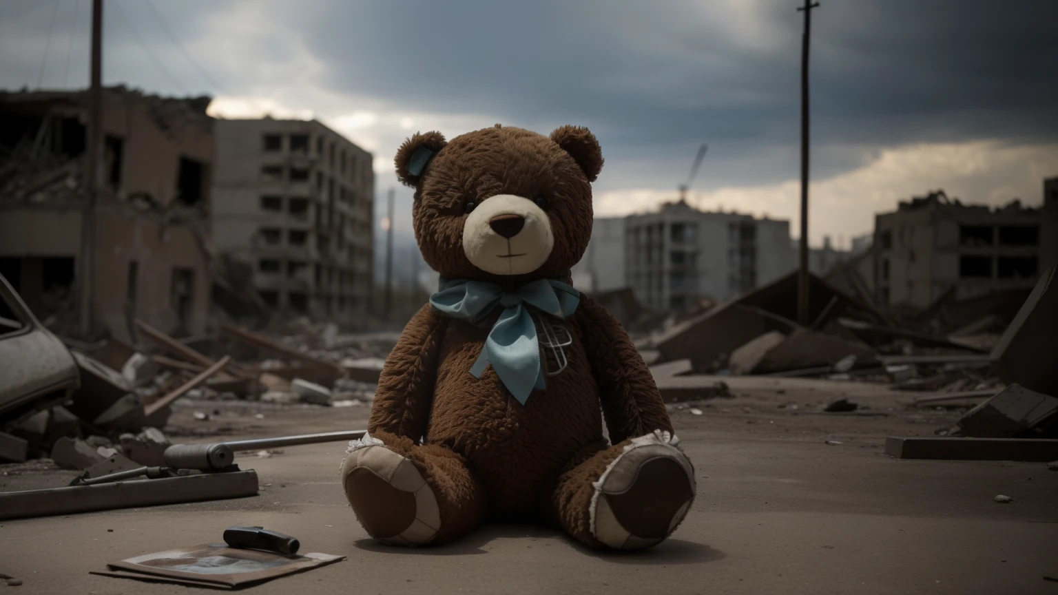 Amidst the City ruins after the war's end, a poignant scene unfolds in the rubble. With the world on the brink of destruction, a tattered teddy bear lies in stark contrast to the bleak surroundings. Its once vibrant colors now faded, the bear sits beside the skeletal remains of what was once a cherished toy for a child. The image, capturing the essence of despair and loss, is a high-quality, profoundly cinematic masterpiece.

Heritage:
1.5 - Concedido, obra-prima
1.5 - fotorrealista
Fotografia
Realistic photo
Canon 5D Mark