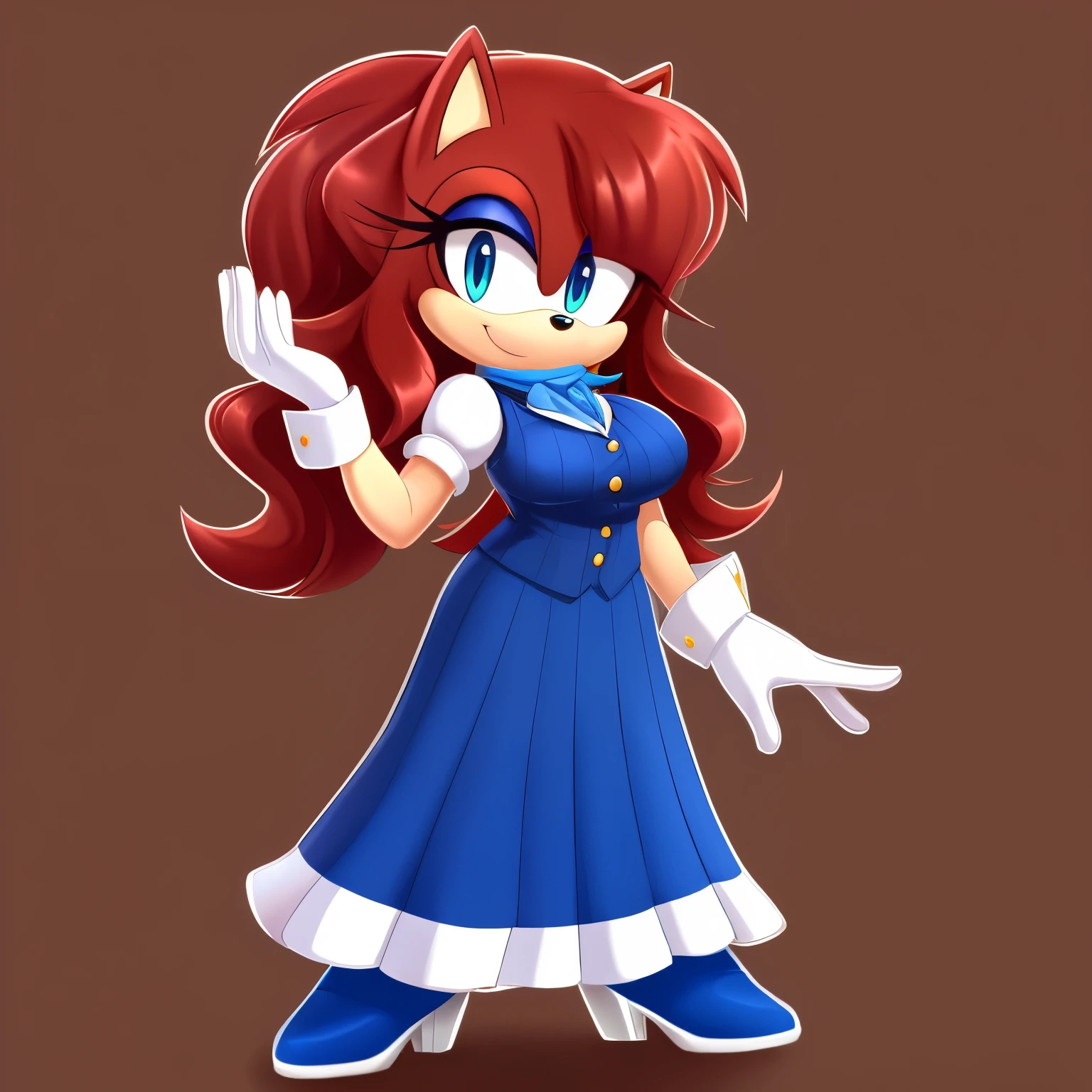 Female, Mobian, Hedgehog, crimson red fur, blue eyes, ((very long wavy quills/hair)), hair bangs, ((solo)), ((1girl)), one hand on hip, masterpiece, best quality, 1girl, solo, medium sized breasts, looking at viewer, smile, long skirt, shirt, gloves, long dress, half body, short sleeves, puffy sleeves, collared shirt, white gloves, vest, arm up, black high heels, puffy short sleeves, ascot, buttons, happy, blue dress, furry, black vest, body fur, blue ascot, blue eyes, furry female, sonic the hedgehog \(series\), perfect anatomy, black vest, puffy sleeves, blue dress, hands held together in a polite manner, flowery field background, motherly figure, milf sized proportions, some makeup
