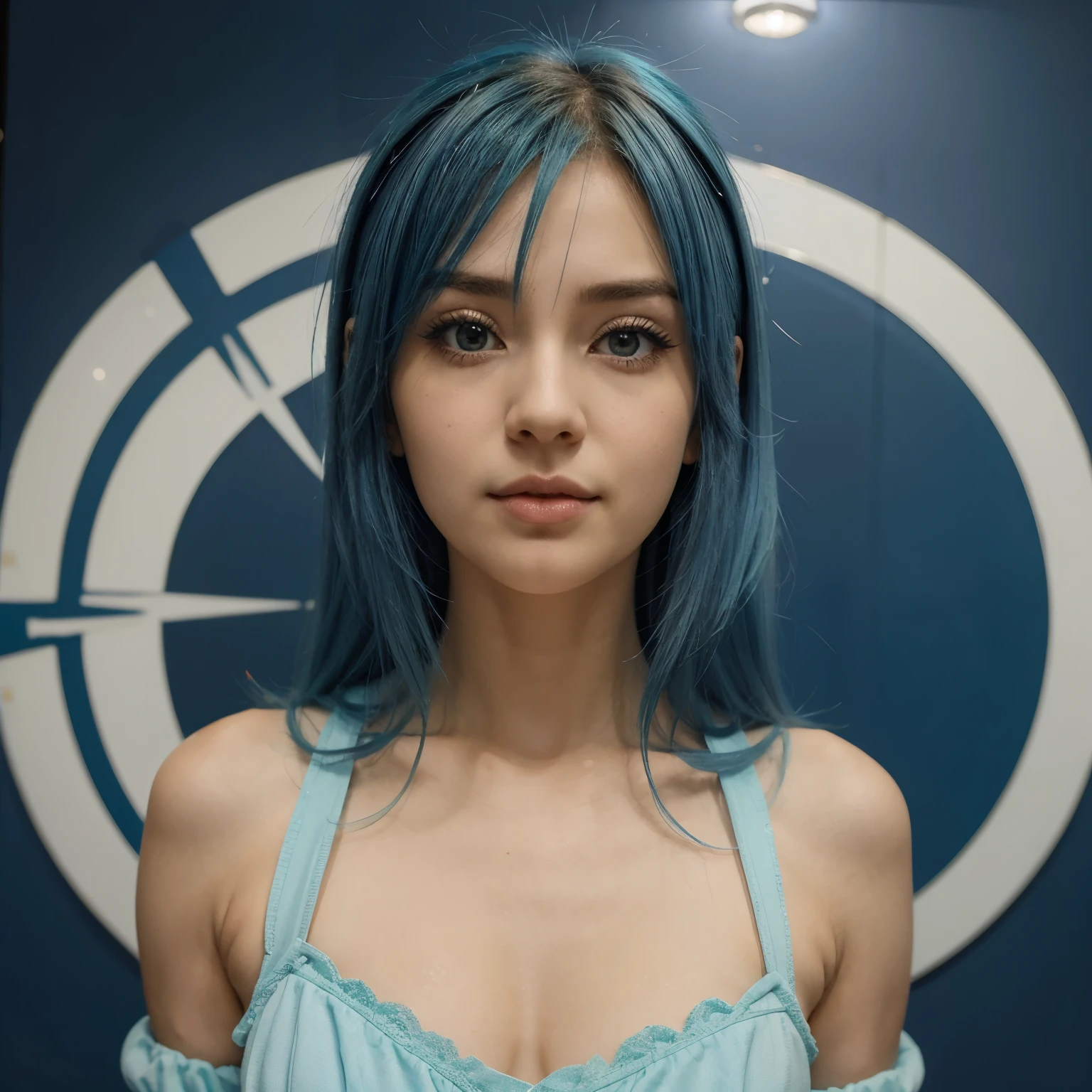 Garota anime cabelo azul claro e estrelas, olhos azuis e barbatanas com orelhas azuis