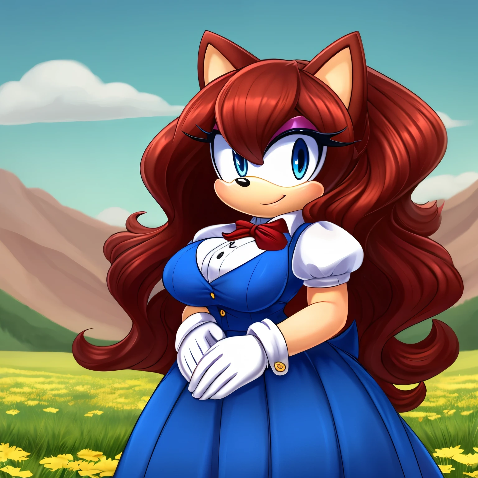 Female, Mobian, Hedgehog, crimson red fur, blue eyes, ((very long wavy quills/hair)), hair bangs, ((solo)), ((1girl)), one hand on hip, masterpiece, best quality, 1girl, solo, (medium sized breasts), looking at viewer, smile, long skirt, shirt, gloves, long dress, half body, short sleeves, puffy sleeves, collared shirt, white gloves, vest, arm up, puffy short sleeves, ascot, buttons, happy, blue dress, furry, black vest, body fur, blue ascot, blue eyes, furry female, sonic the hedgehog \(series\), perfect anatomy, black vest, puffy sleeves, blue dress, hands held together in a polite manner, flowery field background, (motherly figure), (milf sized proportions), some makeup