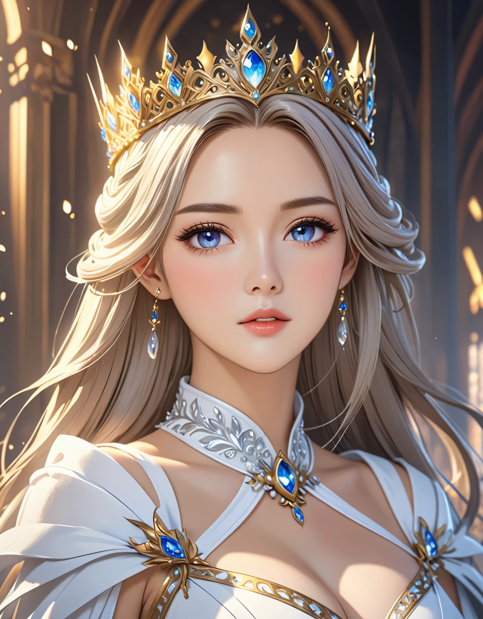 There is one wearing white clothes、woman wearing crown, a Beautiful fantasy queen, ((Beautiful fantasy queen)), portrait of a princess, Gouves style artwork. 5D CGI anime fantasy artwork, 8K high-quality detailed art  