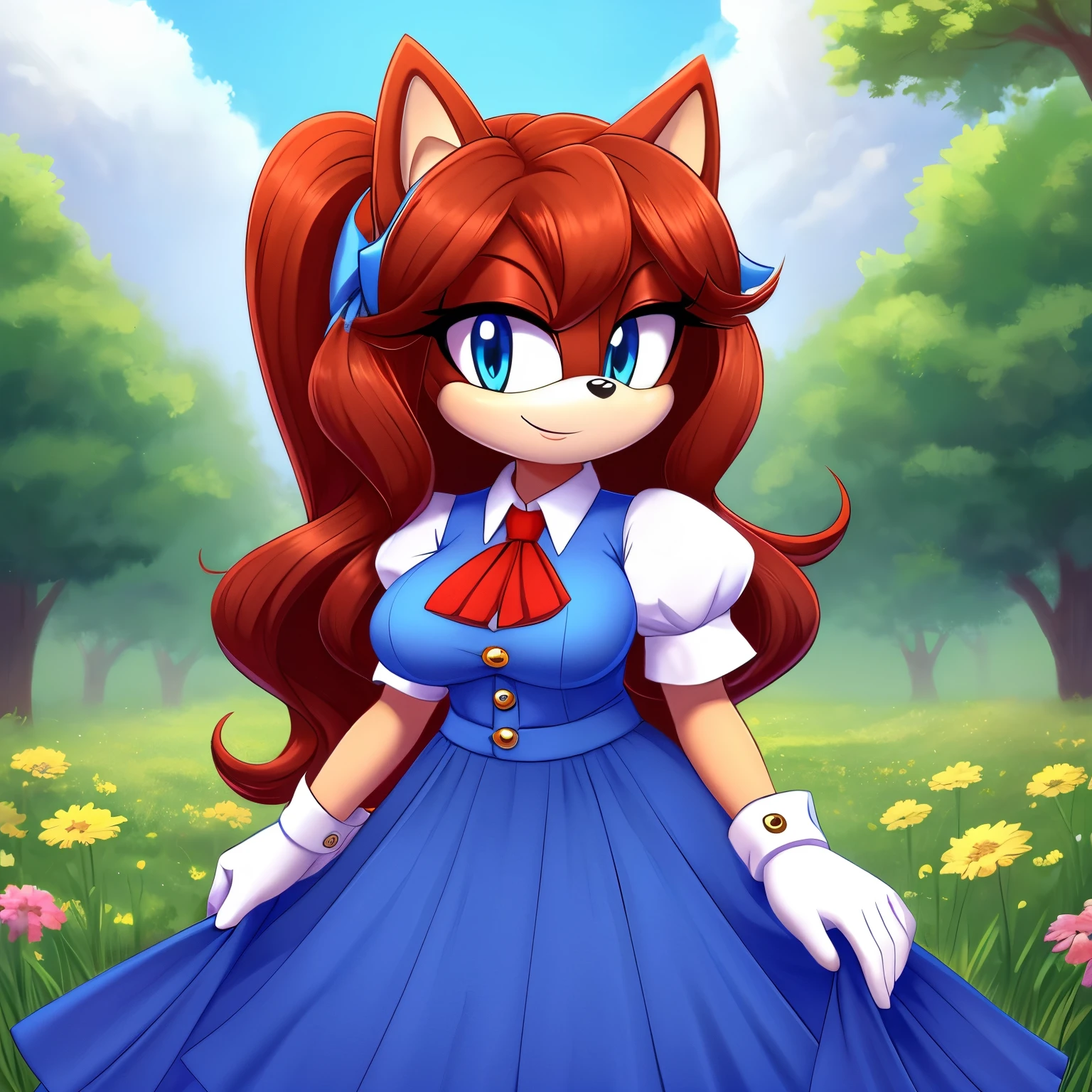Female, Mobian, Hedgehog, crimson red fur, blue eyes, ((very long wavy quills/hair)), hair bangs, ((solo)), ((1girl)), one hand on hip, masterpiece, best quality, 1girl, solo, (medium sized breasts), looking at viewer, smile, long skirt, shirt, gloves, long dress, half body, short sleeves, puffy sleeves, collared shirt, white gloves, vest, arm up, puffy short sleeves, ascot, buttons, happy, blue dress, furry, black vest, body fur, blue ascot, blue eyes, furry female, sonic the hedgehog \(series\), perfect anatomy, black vest, puffy sleeves, blue dress, hands held together in a polite manner, flowery field background, (motherly figure), (milf sized proportions), some makeup