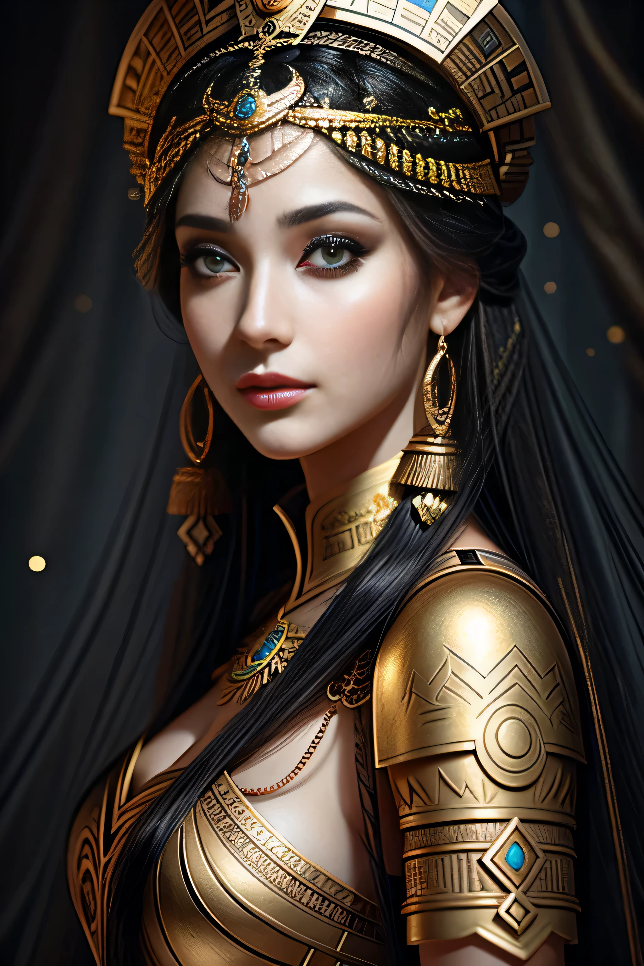 Cleopatra as a modern woman 2023, The corners of the eyes are slender, Black sky blue gold, The world's most detailed portrait photography, RAW style, Trends on ArtStation, Trends on pixiv, Trends on Pinterest