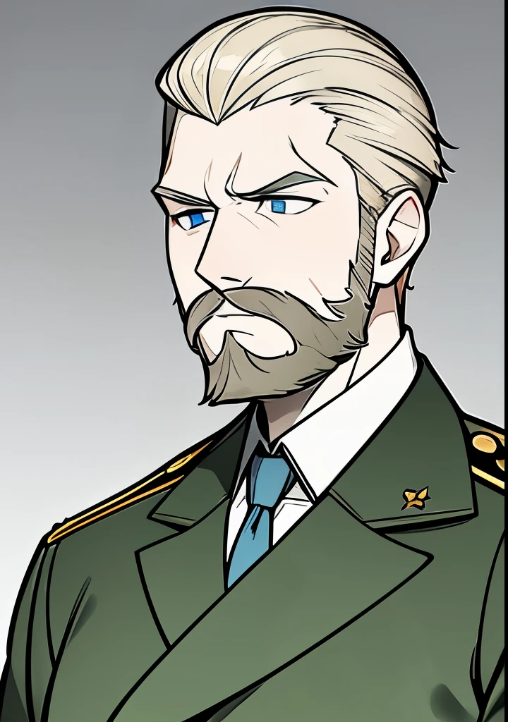 Young Adult male, white and tender skin, pale blonde slicked back combed short hair, kaisermustache, ducktail beard, steel blue eyes, green and slightly mature, serious and emotionless facial expression,wearing world war 2 era german fatigues, portrait style, facing forwards