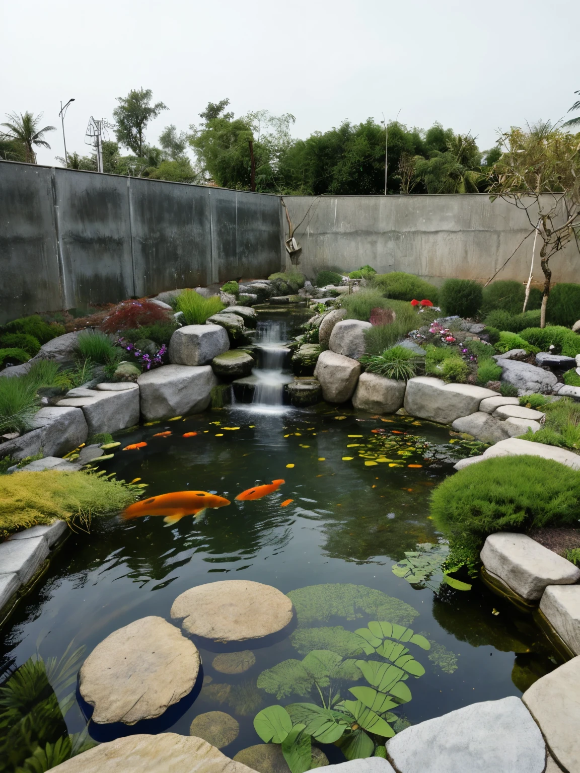 arafed garden with a pond and a waterfall and a waterfall, realistic garden, garden landscape, original and creative landscape, beautiful garden on background, garden environment, zen garden, koi pond, foto realistic, photorealistic detailed, very realistic effect, with a fishpond and courtyard, royal garden landscape, garden background, by Ren Renfa, pond landscape, garden pond scene