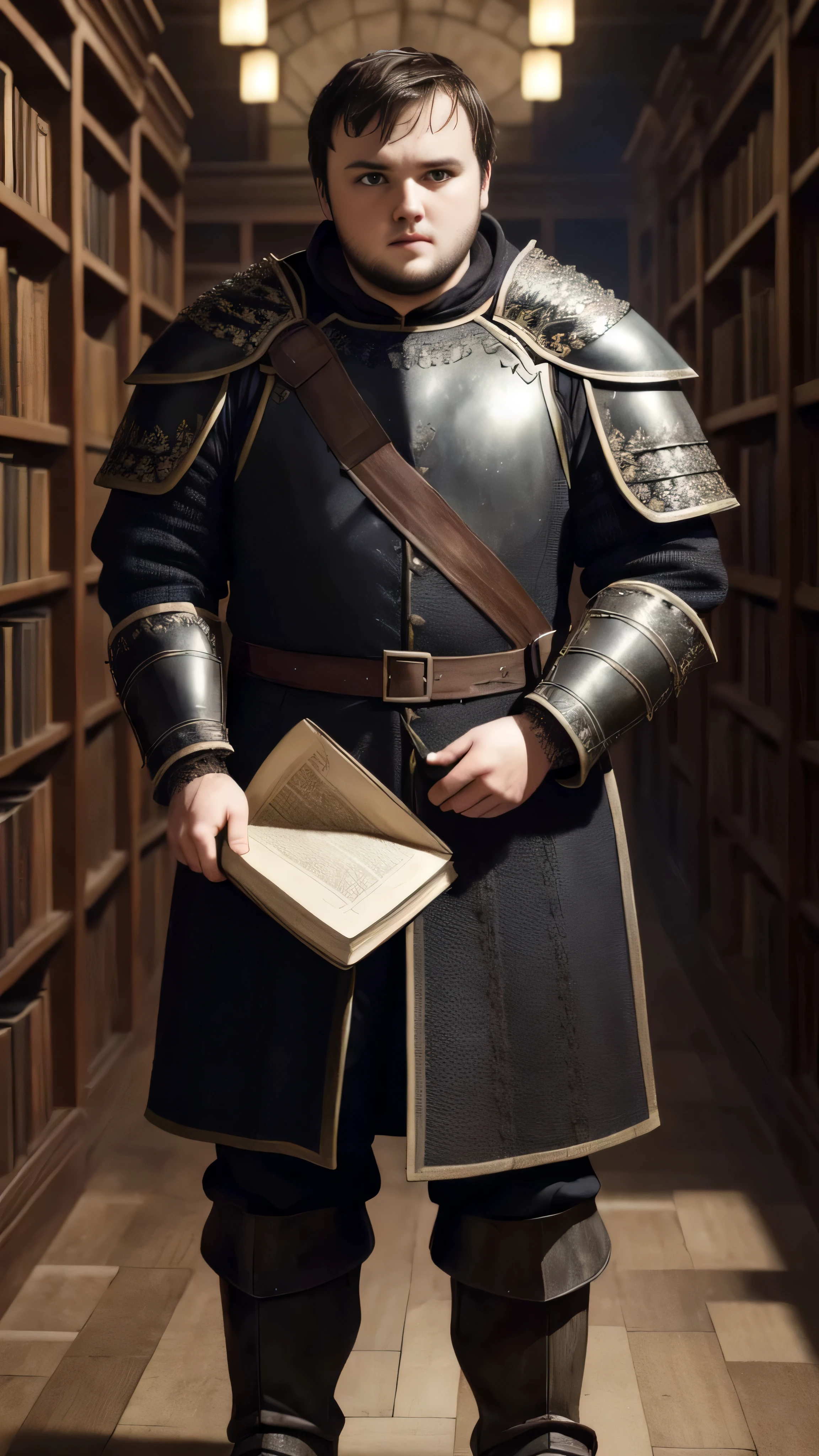 ((John Bradley)) as Samwell Tarly, (black armor), boots, (holding books), standing in a library, 1man, solo, beautiful detailed glow, detailed, cinematic light, intricate detail, realistic, highres, detailed facial features, high detail, sharp focus, smooth, aesthetic, extremely detailed, stamp, octane render