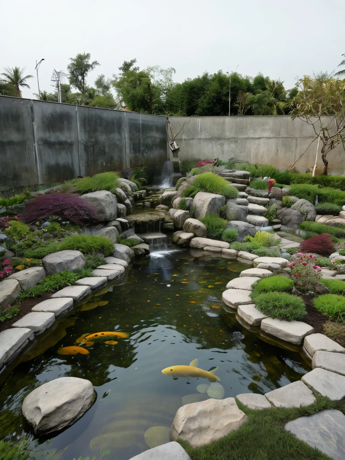 arafed garden with a pond and a waterfall and a waterfall, realistic garden, garden landscape, original and creative landscape, beautiful garden on background, garden environment, zen garden, koi pond, foto realistic, photorealistic detailed, very realistic effect, with a fishpond and courtyard, royal garden landscape, garden background, by Ren Renfa, pond landscape, garden pond scene