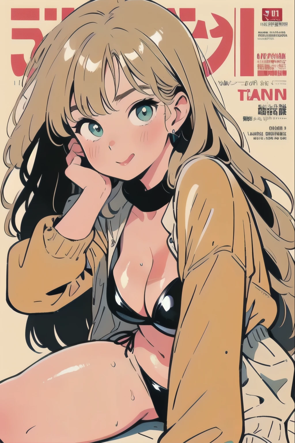 Vector illustration,beautiful anime-style girl, clean small surfaces, Lofiato, Cute 1 girl, highest quality、ウルトラ - High resolution、High resolution、Highly detailed CG、8k unit wallpaper、、detailed and beautiful eyes, long hair、pigtails、(((Different types of super shiny latex bikinis)))、(tan skin:1.8), (tanlines:1.3)、vtuber full body model、(shiny body,:1.5)、various street fashion、oversized clothes、((From before:1.2 , Kiss with your chin resting))、(close up of face), (dynamic pose:1.1)、(magazine cover:1.4),blush, Sweat, please be shy、(Ahegao:1.5), stick out your tongue a little
