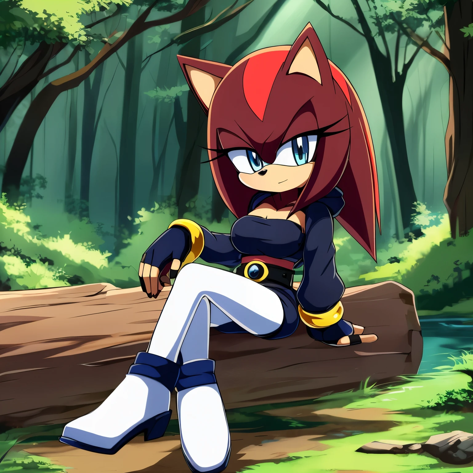 Female, Mobian, Hedgehog, long quills curled at the tip, lower back length hair/quills, royal reddish maroon fur, royal blue eyes, hair bangs, (black tube top dress with white trim), average sized breasts, black belt, ((navy blue hoodie with white trims)), black fingerless gloves, navy blue heeled boots with straps, (great detail), (((2D Anime Style))), forest background, standing with crossed legs, gentle expression, (((1girl))), (((solo))), daughter of shadow the hedgehog