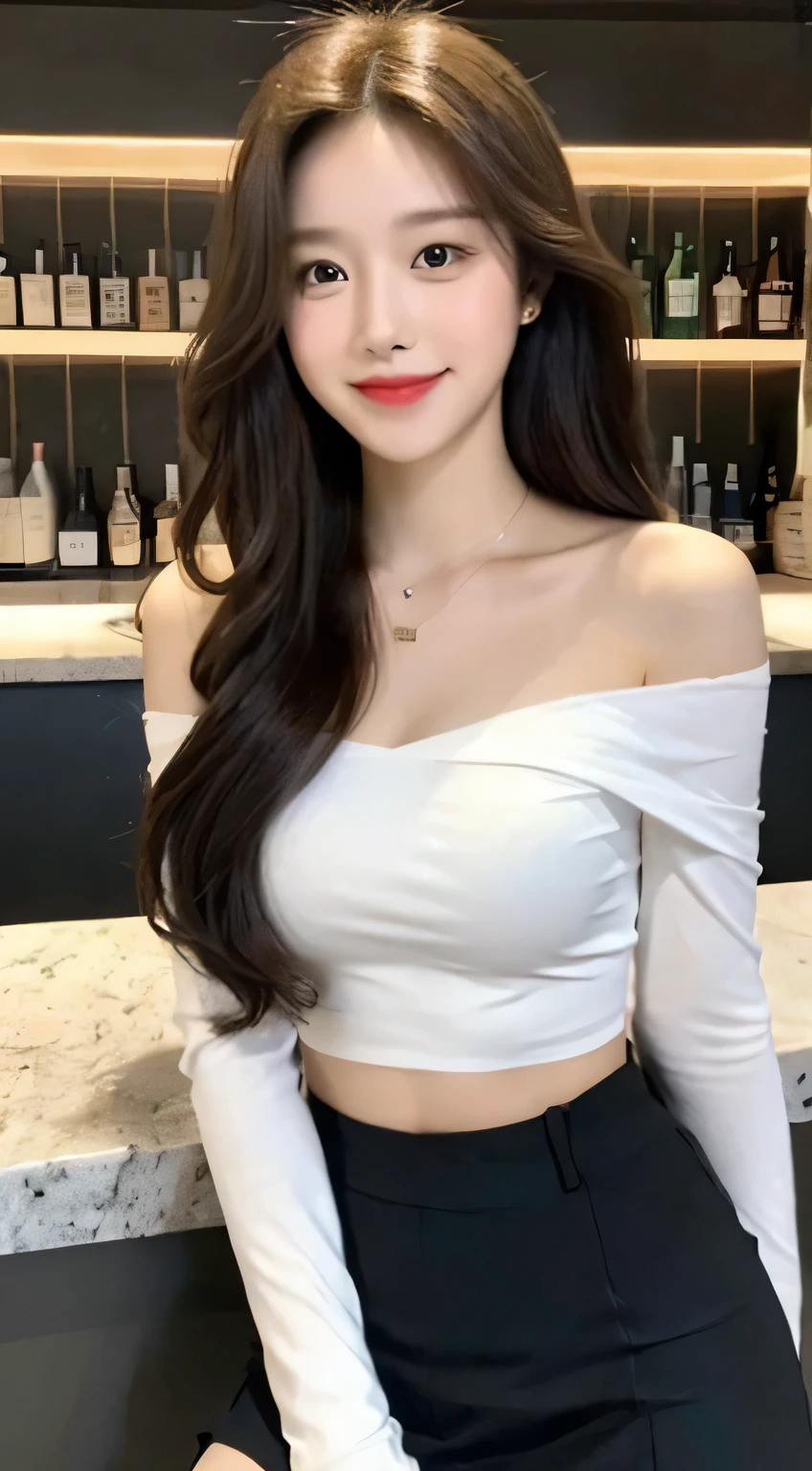 The finest genuine beautiful girl, golden long curly hair, very exquisite facial features, A peerless beautiful girl, clavicle off shoulder, white crop top shirt, black JK skirt, exposed legs, cute smile, soft, dreamy quality, light white and dark brown, exaggerated facial features, solid color, frank offwhite, surreal, blue gemstone necklace, super clear, beautiful young girl, Cute and full of energy, super short leggings, bar counter background