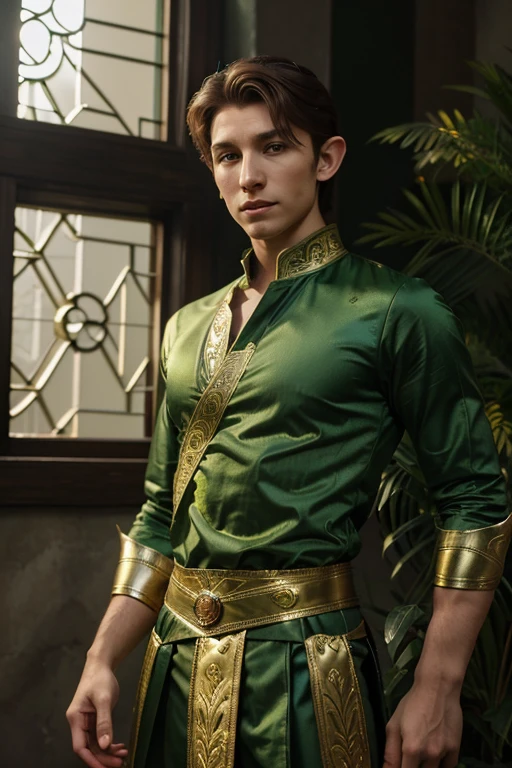 arafed man in a green and gold outfit posing for a picture, elven male, inspired by Aladár Körösfői-Kriesch, delicate androgynous prince, a male elf, marvelous designer, handsome prince of persia, beautiful androgynous prince, male half-elf, tom holland as peter pan, intricate costume design