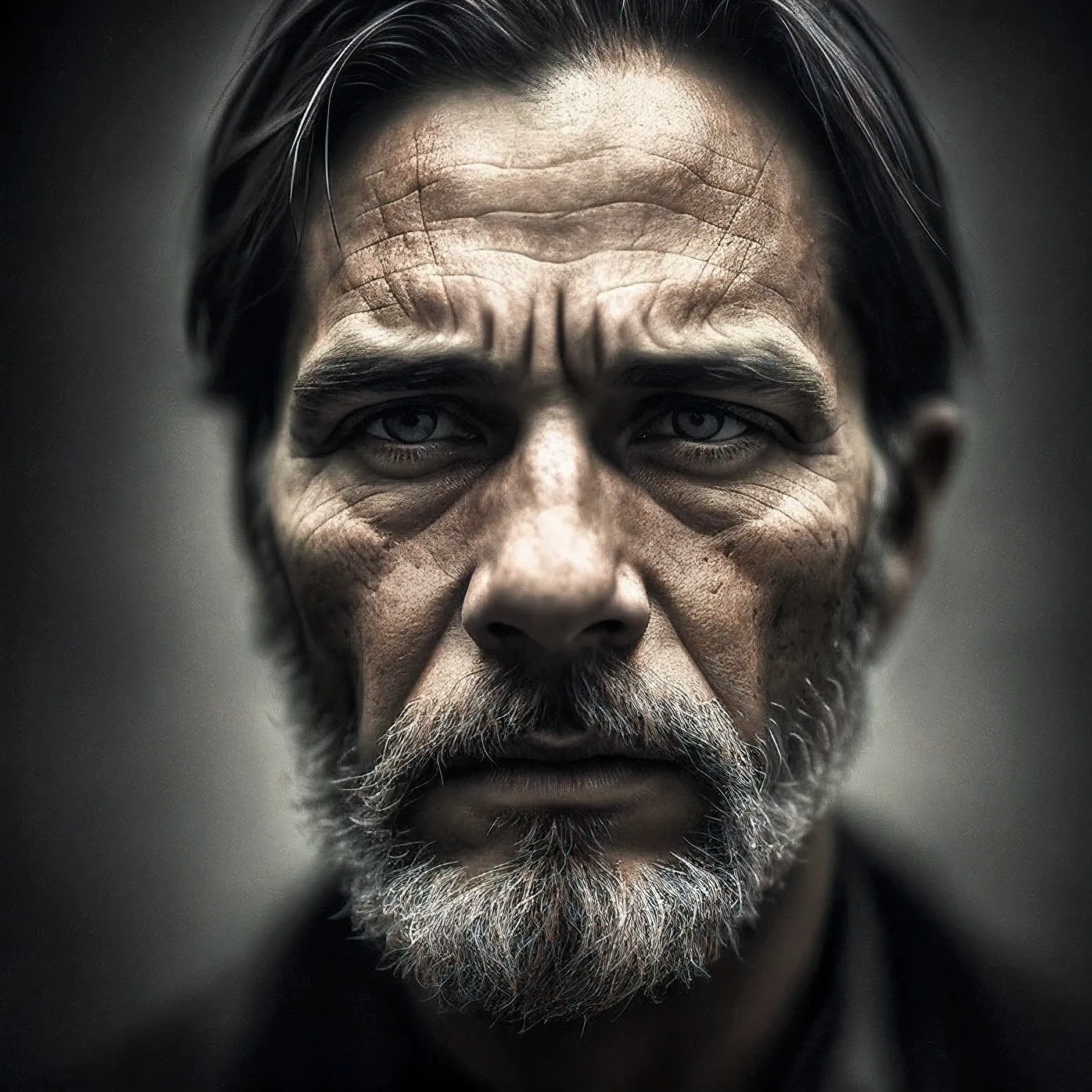 A visually striking portrayal of a man on the verge of death, his face etched with intense guilt, set against a hauntingly beautiful and dark atmosphere. The monochrome color scheme and subtle lighting accentuate the detailed expression of his complex emotions, while the eerie backdrop adds an ominous tone to the composition. This fine art piece is meticulously crafted with impeccable details, capturing the depth and texture of his features in a hauntingly realistic manner. Through its powerful storytelling, this image evokes empathy and regret, leaving a profound impact on viewers. The contrast of shadows and highlights, along with the cinematic composition, creates a foreboding and surreal ambiance. The man's deep contemplation is portrayed with a realistic portrayal, allowing for a cathartic and thought-pro