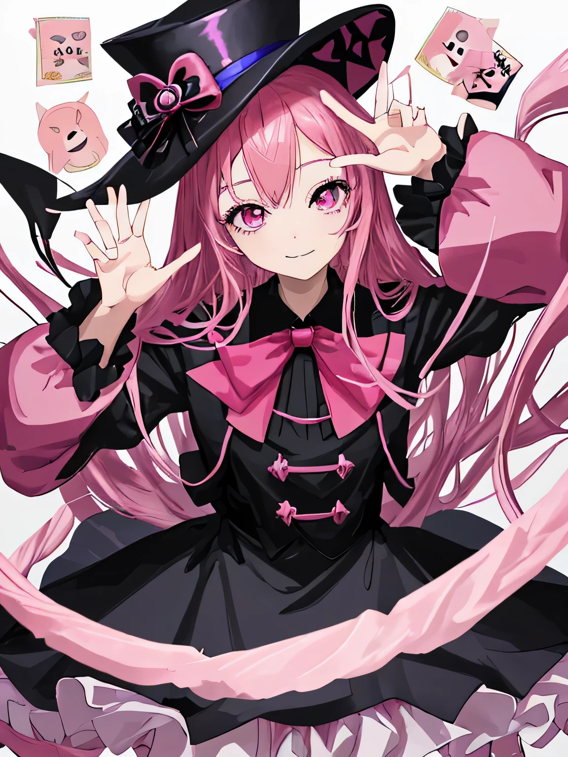 highest quality、Two-dimensional beautiful girl、cute、girl、Dark pink hair、Hair style is twin tailagicianの服、Wearing a small black hat、Original image 8K、magician、that'winking at me、Clothes with a black and white diamond-like pattern、Wearing a stylish red or pink tuxedo、independent、Clothes with a collar、zoom on face、The background is beautiful、super high quality、eyes are shining