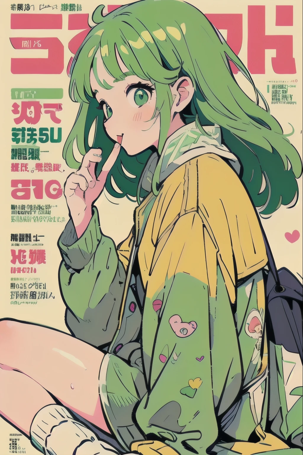 green eyes, green hair, Vector illustration, Lofiato, Beautiful Girls in Anime, clean small surfaces, (magazine cover:1.4), ((From the side:1.5))、((Stare at me while I sleep)), (dynamic pose:1.3), (lots of stickers on clothes:1.5), 1 cute girl, highest quality、ウルトラ - High resolution、High resolution、Detailed CG、8k unit wallpaper、17 years old、fine and beautiful eyes, long hair、(((Different types of colorful super shiny trench coats)))、(((After sunburn)))、VTuber Full Body Model、(shiny body,:1.5)、((Mr.々street fashion、oversized sweatshirt hoodie、socks、tech sneakers))、blush, Sweat, please be shy、(Ahegao:1.5),、(stick out your tongue)
