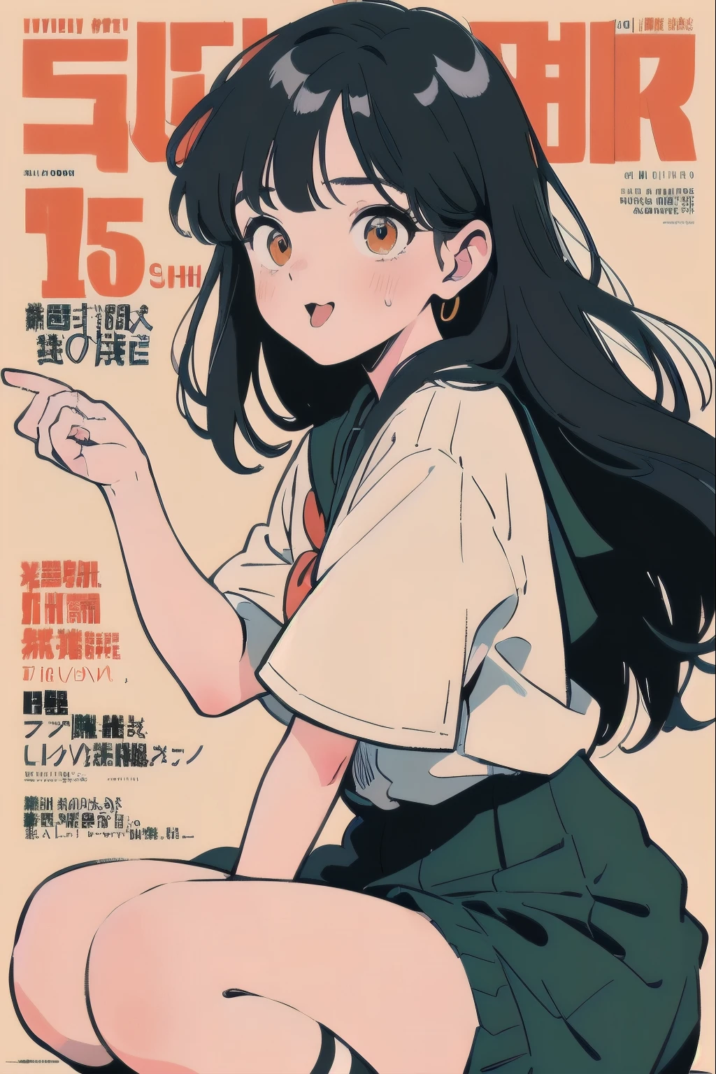 blunt bangs, orange eyes, black hair, Vector illustration,beautiful anime-style girl, clean small surfaces, Lofiato, Cute 1 girl, highest quality、ウルトラ - High resolution、High resolution、Highly detailed CG、8k unit wallpaper、、detailed and beautiful eyes, (((school dress: 1.5)))、vtuber full body model、(shiny body,:1.5)、short sleeve、((From the side:1.5 , With a cheek cane))、(dynamic pose:1.1)、(magazine cover:1.4),blush, Sweat, please be shy、(Ahegao:1.5), stick out your tongue a little