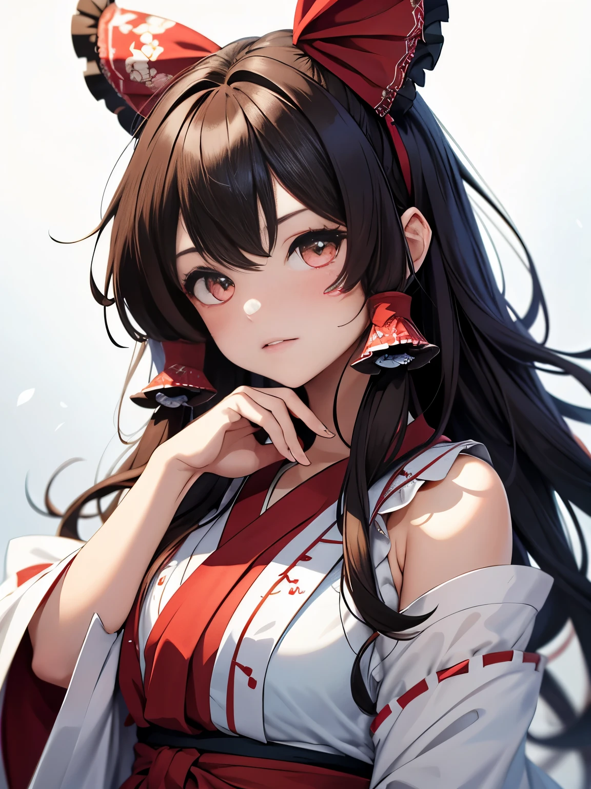 masterpiece of Hakurei Reimu, best quality visual creation, Suitable for Work (SFW), richly colored and intricately detailed, one solitary girl depicted, Hakurei Reimu with browns mattering her eyes and cascading brown hair, capillary details visible on her arms, ample bosom, abstract background with blue hues, background dappled with red tones, or softly blurred with pink speckles, circular background patterns adding depth and complexity.