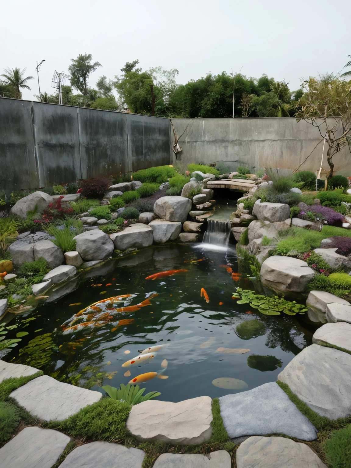 arafed garden with a pond and a waterfall and a waterfall, realistic garden, garden landscape, original and creative landscape, beautiful garden on background, garden environment, zen garden, koi pond, foto realistic, photorealistic detailed, very realistic effect, with a fishpond and courtyard, royal garden landscape, garden background, by Ren Renfa, pond landscape, garden pond scene