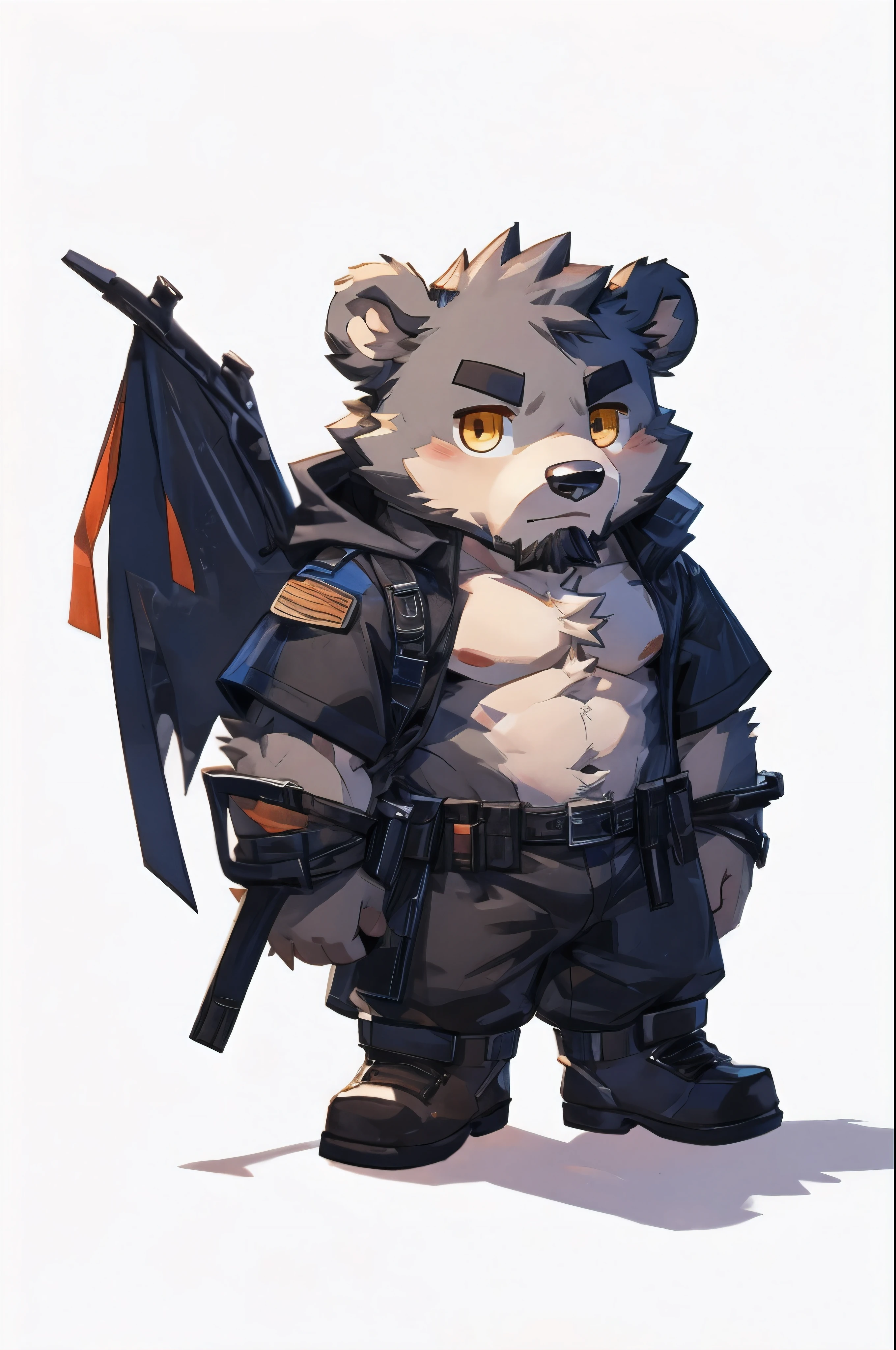 (masterpiece:1.2), best quality,pixiv,official art, (1_male:1.3), (solo:1.2) , portrait , (muscle), (gray fur:1.4), (muscle bear), (bear tail), (beard:1.2), (gleaming golden eyes), Thick black eyebrows, open hoodie, naked inside, cargo shorts, boots, (white background:1.3) , Chibi version, chibi charater,(chibi:1.3)，(cute:1.2)