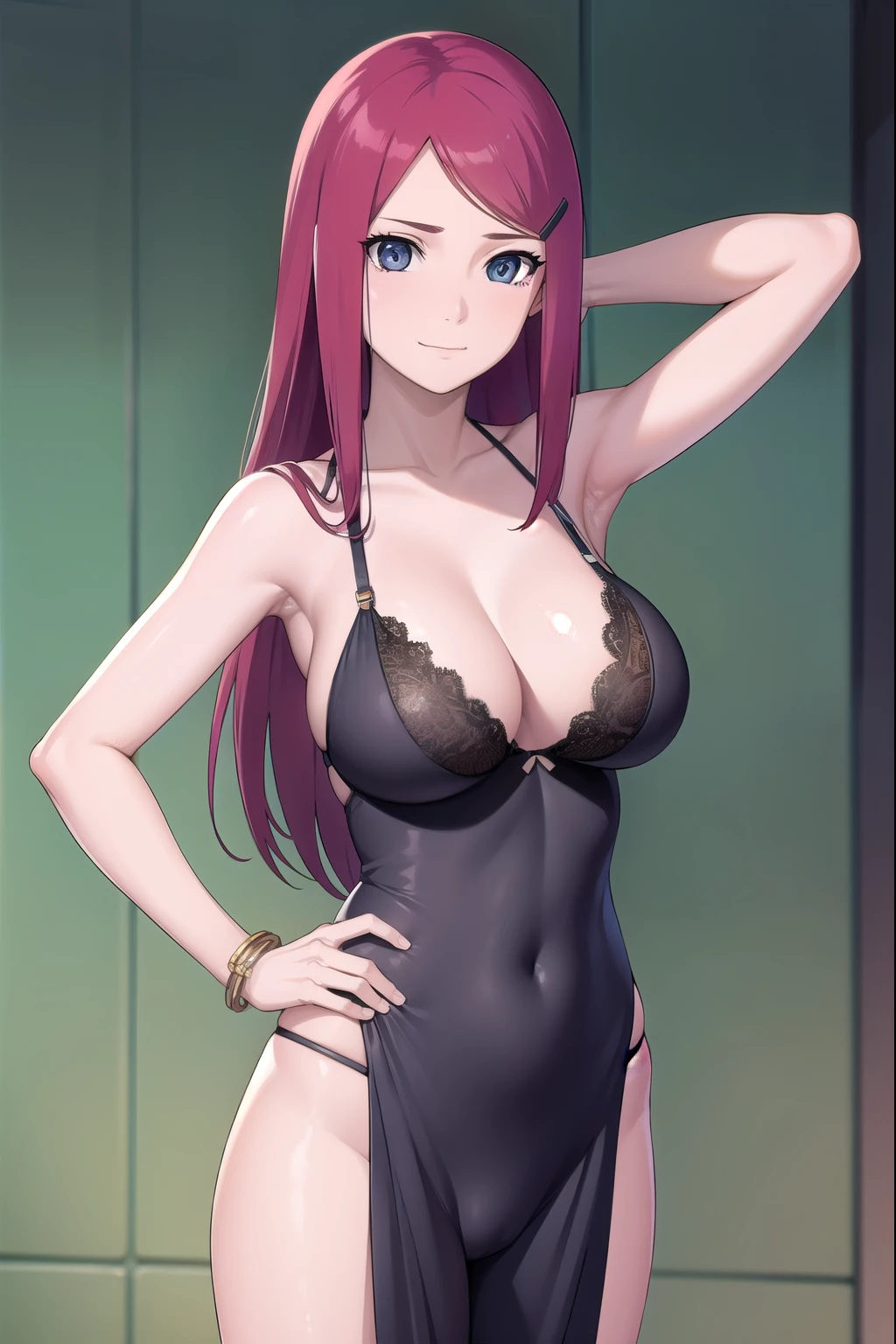 kushina, kushina, long hair, hair ornament, red hair, hairclip, (grey eyes:1.5),
BREAK (laced bra, laced underwear), bare shoulder, bikini   BREAK standing,(cameltoes),BREAK Blushing, smiling embarrassed, BREAK (show both armpits), arms behind head
BREAK looking at viewer, full body,arms_above_head,(cowboy shot:1.5),
BREAK indoors,
BREAK (masterpiece:1.2), best quality, high resolution, unity 8k wallpaper, (illustration:0.8), (beautiful detailed eyes:1.6), extremely detailed face, perfect lighting, extremely detailed CG, (perfect hands, perfect anatomy), BREAK Dynamic Pose 