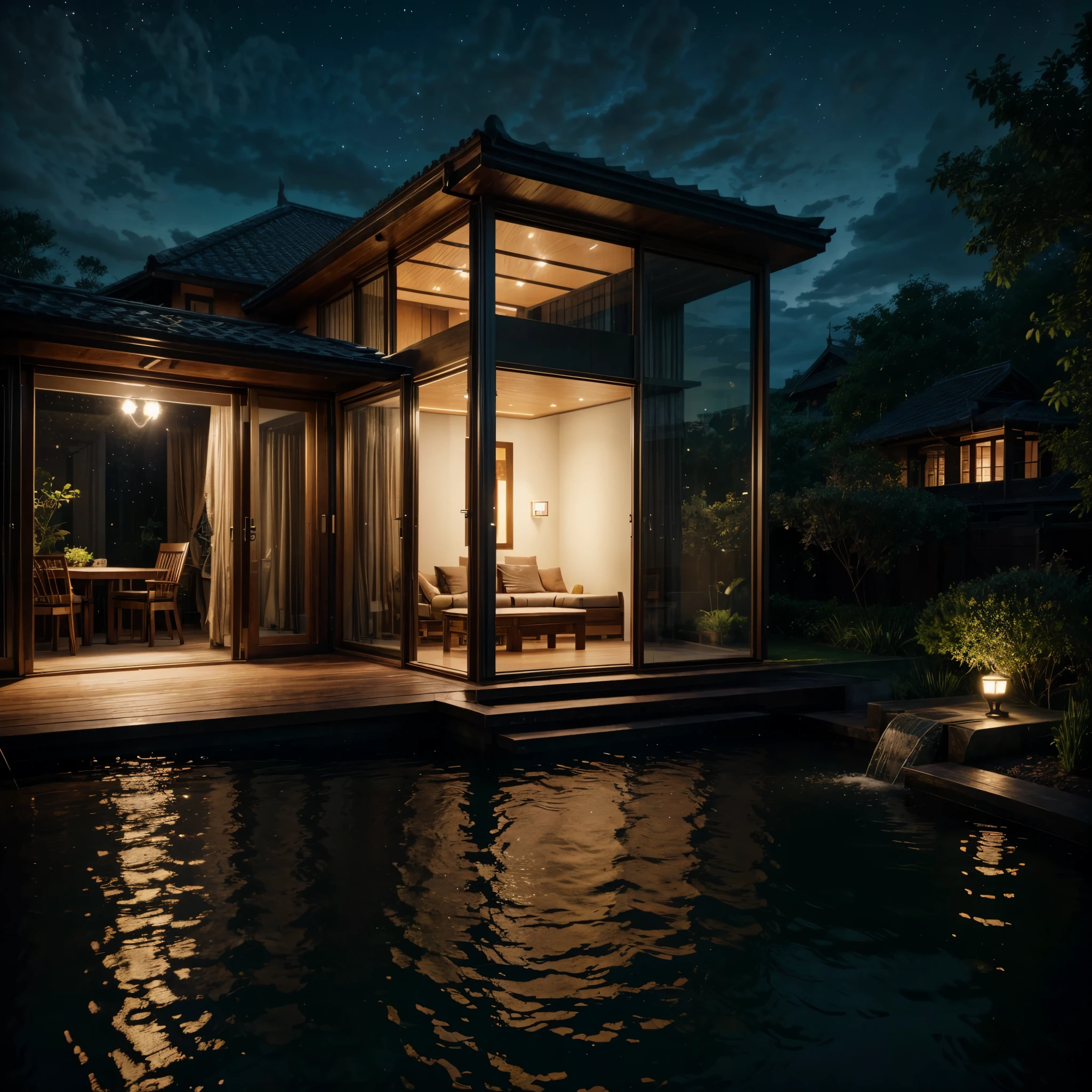 ((best quality)), ((masterpiece)), (detailed), ((photographic, photorealistic))), (eye level angle), architecture, big modern cube natural house, big glass, wood platform, koi fish pond, square pond, light-up pond, rim light pond, lotus plants, eco green house, plants, forest, ((night)), dark sky, ((star)), star sky, ambience light, extremely high, quality high detail, luxury, golden tones, ultra-photorealistic colors, cinematic color grading, ultra wide angle, interior light down 60%, deep depth of field, beautifully colorful, intricate details, Unreal Engine lighting, cinematic studio lighting, soft volumetric lighting, global illumination, chromatic aberration, ray tracing ambient occlusion, FKAA anti-aliasing, OpenGL-Shaders, post-production finesse, CGI elegance, hyperrealism, super detailed dynamics, elegant photorealistic, fashion photography style, ProPhoto RGB color space, ambient cinematic nightlight, high dynamic range, 32k super resolution, volumetric accent lighting, photorealistic optics.