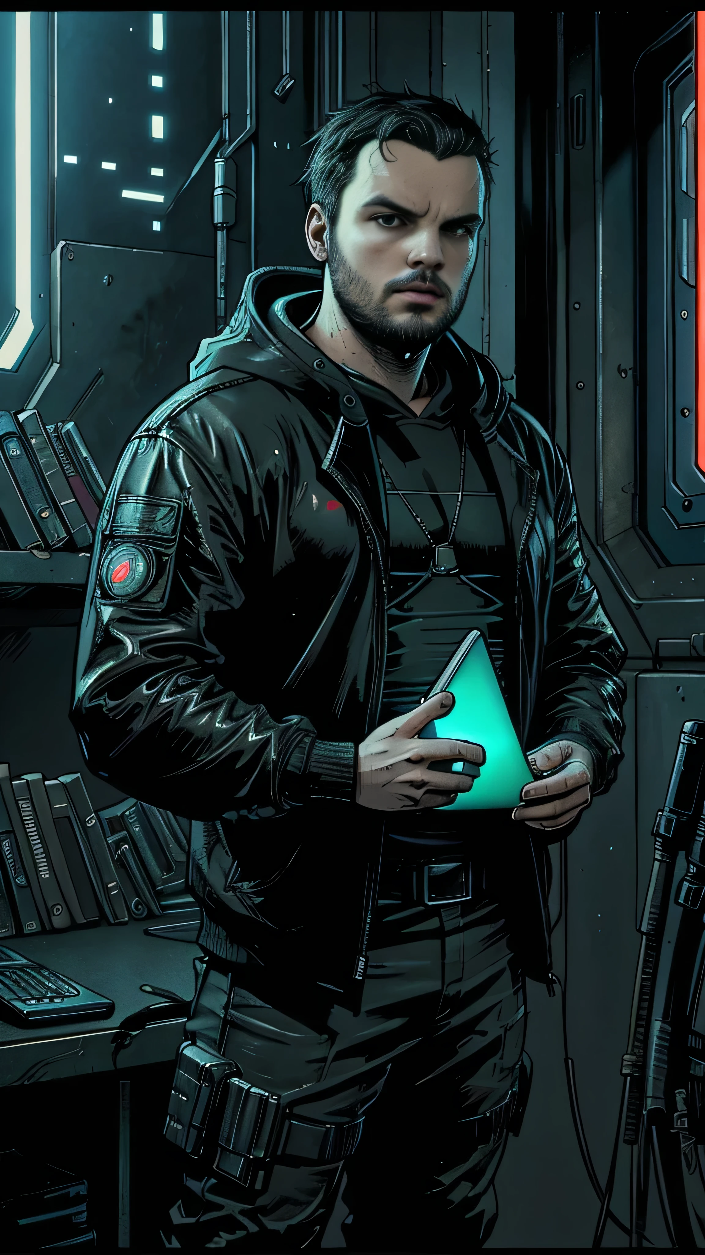 CyberpunkAI, neon, ((John Bradley)) as Samwell Tarly, (cyberpunk hoodie), denim keans, sneakers, (holding cyberpunk laptop), standing in a cyberpunk library, 1man, solo, beautiful detailed glow, detailed, cinematic light, intricate detail, realistic, highres, detailed facial features, high detail, sharp focus, smooth, aesthetic, extremely detailed, stamp, octane render