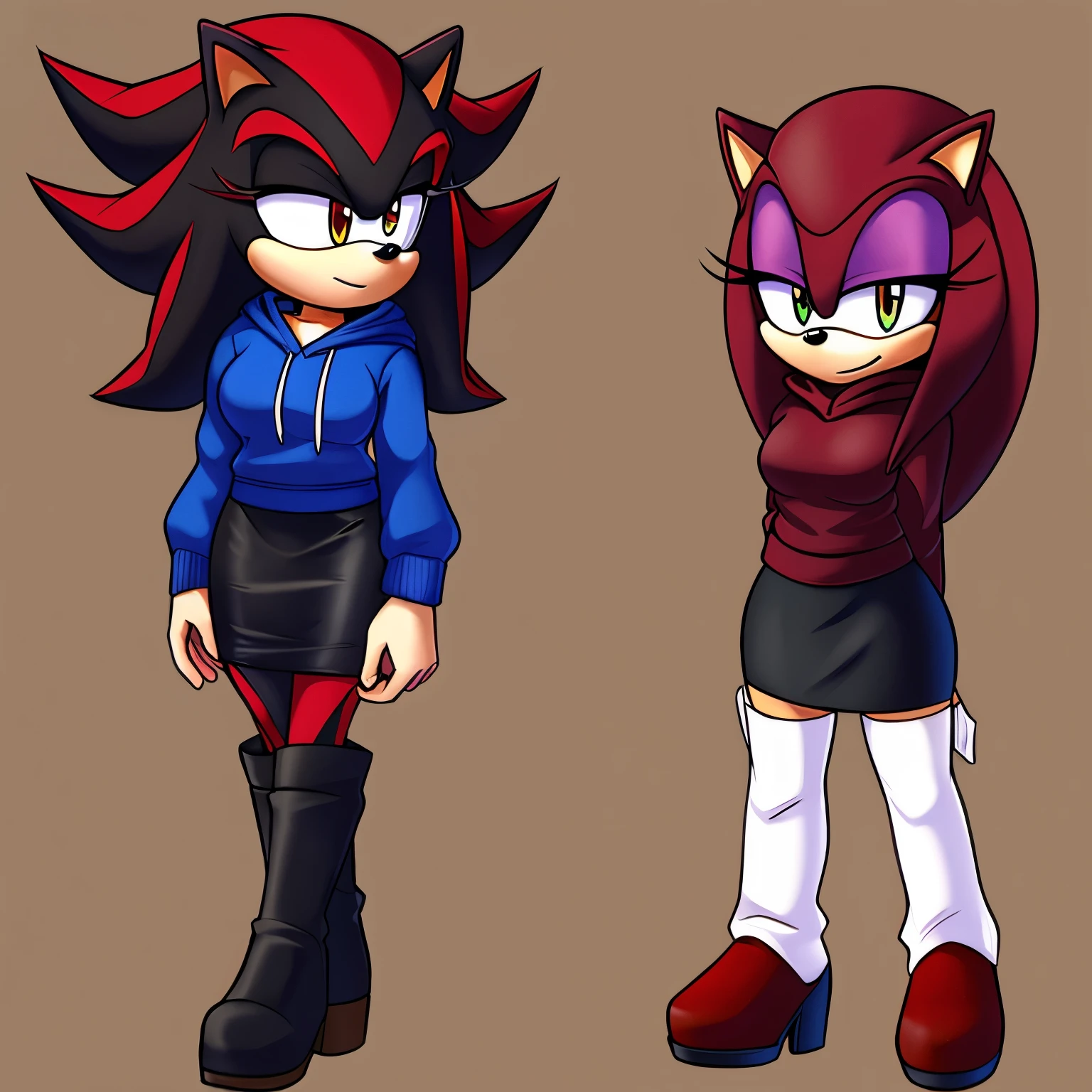 Female, Mobian, Hedgehog, Maroon fur, long hair/quills, Daughter of Shadow the Hedgehog, medium breasts, hooded sweater, heeled boots, shirt, pencil skirt, standing