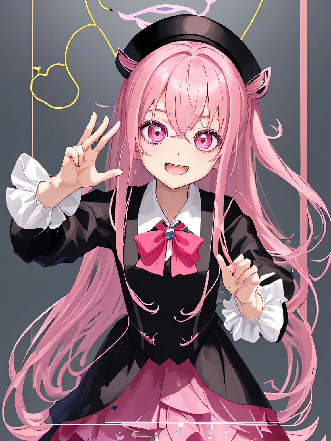 highest quality、Two-dimensional beautiful girl、cute、girl、Dark pink hair、Hair style is twin tailagicianの服、Wearing a small black hat、Original image 8K、magician、that'winking at me、Clothes with a black and white diamond-like pattern、Wearing a stylish red or pink tuxedo、independent、Clothes with a collar、zoom on face、The background is beautiful、super high quality、eyes are shining