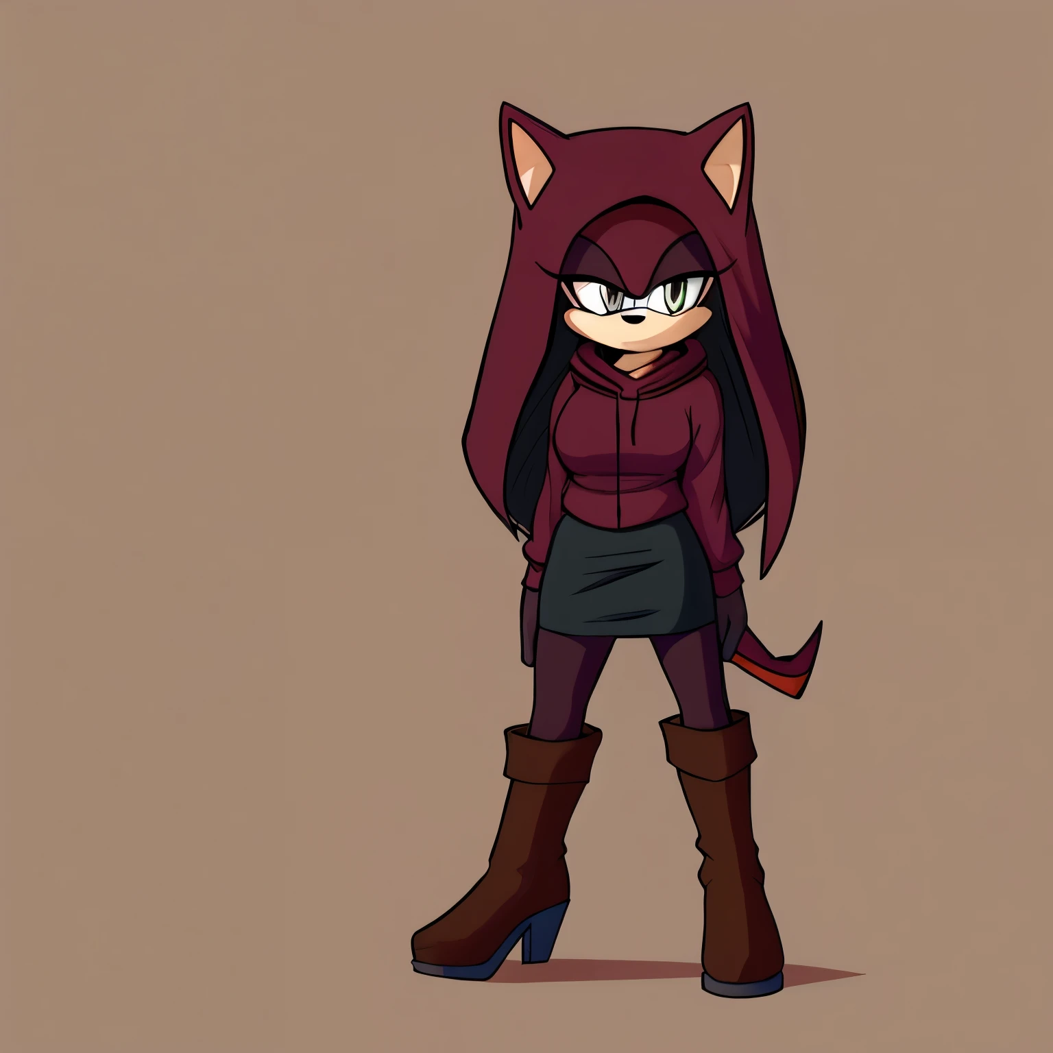 Female, Mobian, Hedgehog, Maroon fur, long hair/quills, Daughter of Shadow the Hedgehog, medium breasts, hooded sweater, heeled boots, shirt, pencil skirt, standing