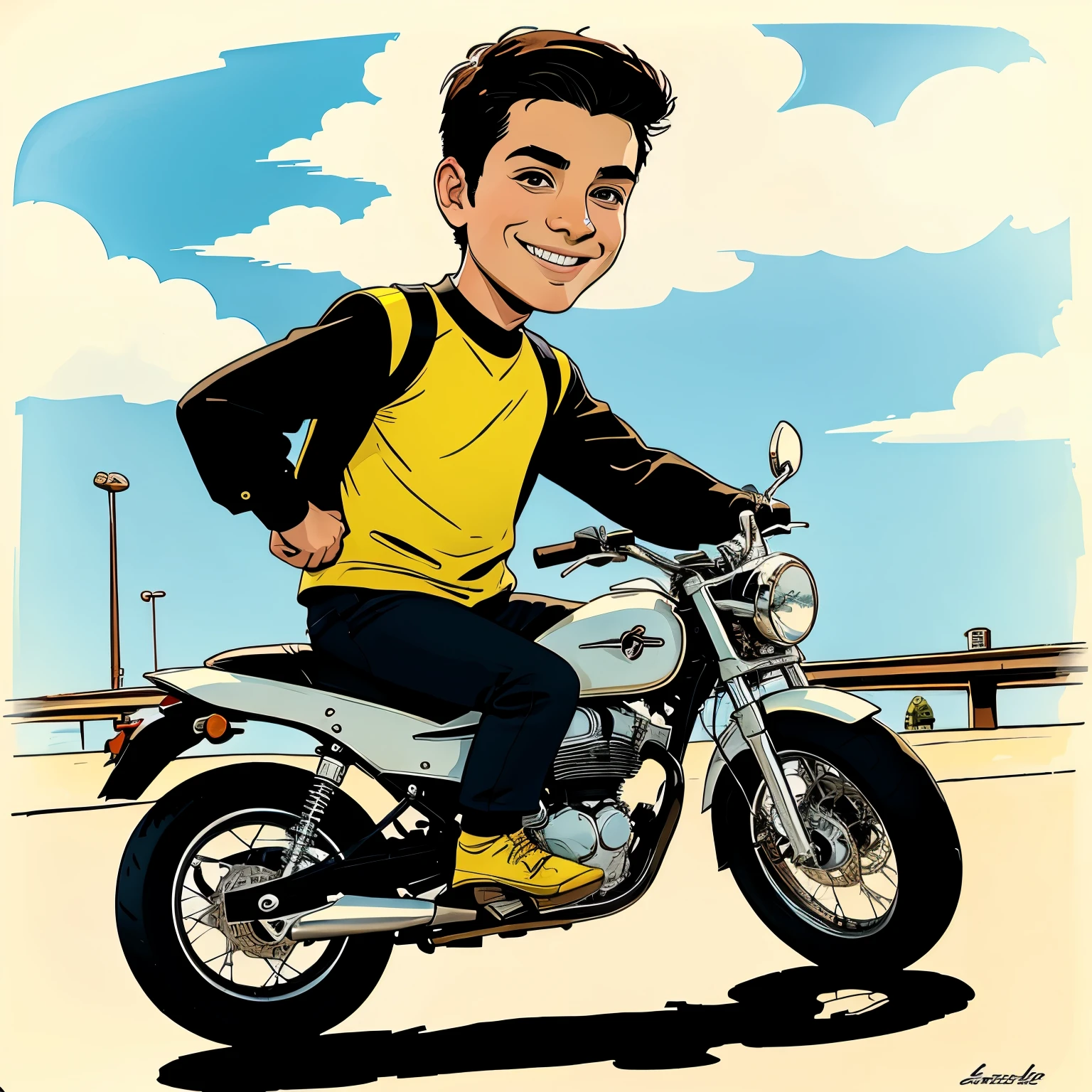 Caricature of a boy riding a motorcycle without a helmet