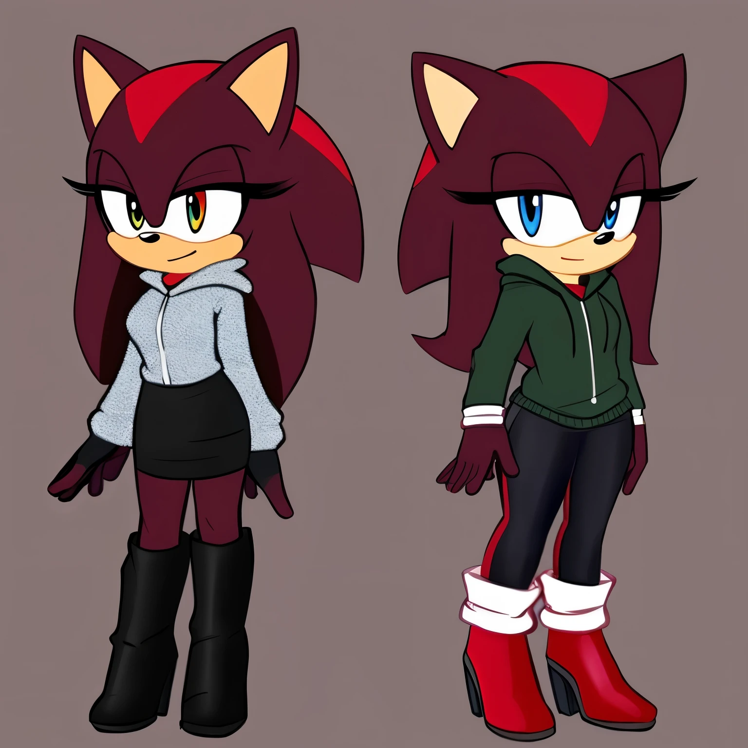 Female, Mobian, Hedgehog, Maroon fur, long hair/quills, Daughter of Shadow the Hedgehog, medium breasts, hooded sweater, heeled boots, shirt, pencil skirt, standing