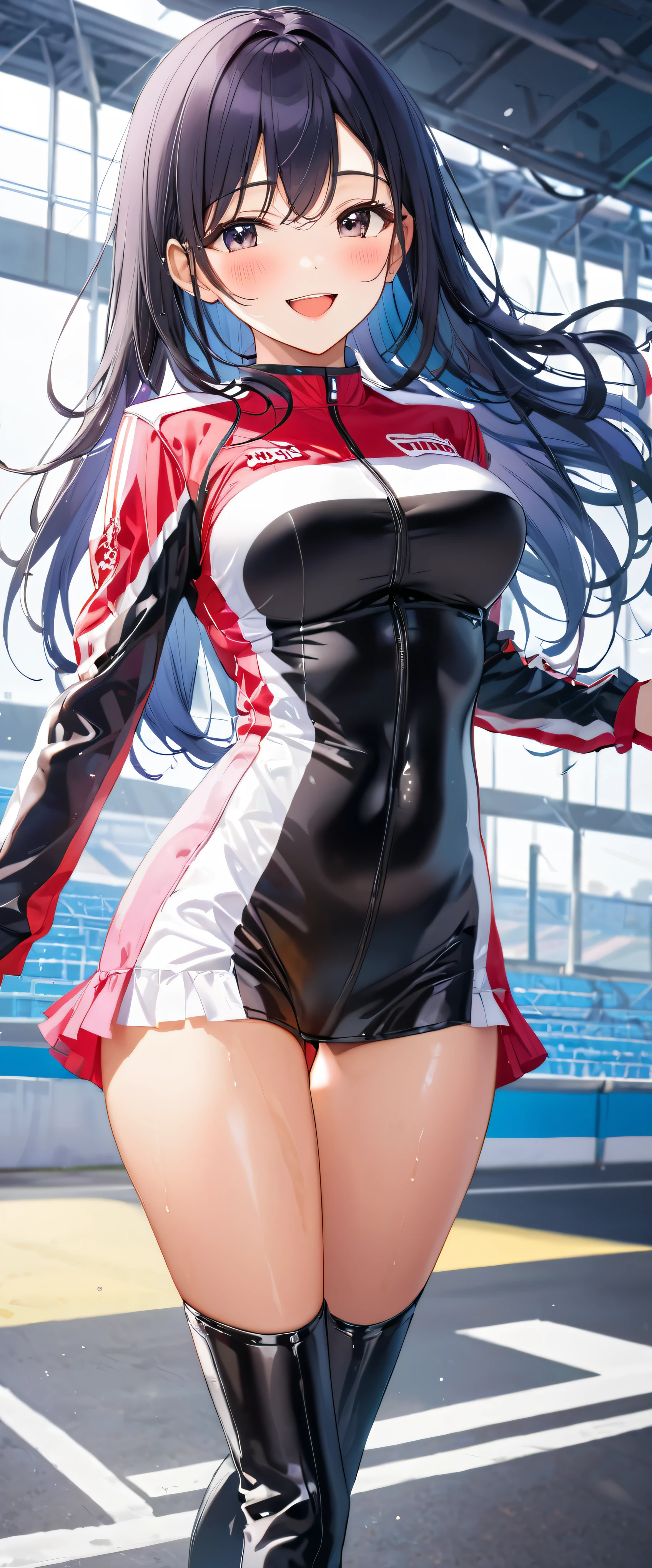 1 female,black hair,25 years old,(((Shiny race queen uniform with exposed belly button)))(((blush、open mouth smile)),(((straight hair))),,,(wet with sweat)(leather thigh high boots)(((beautiful breasts)))