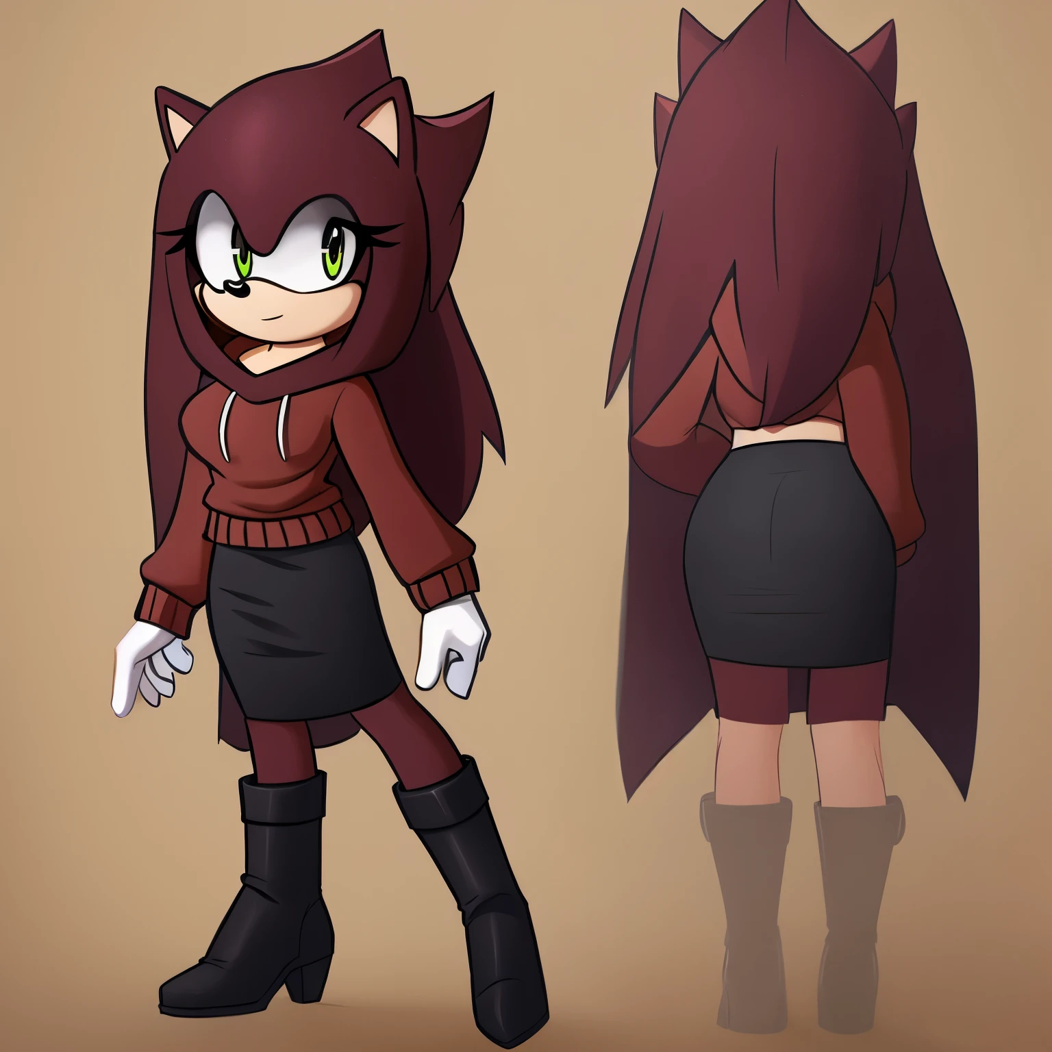 Female, Mobian, Hedgehog, Maroon fur, long hair/quills, medium breasts, darkish yellow hooded sweater, black heeled boots, shirt, black pencil skirt, black scarf, standing, solo, 1girl