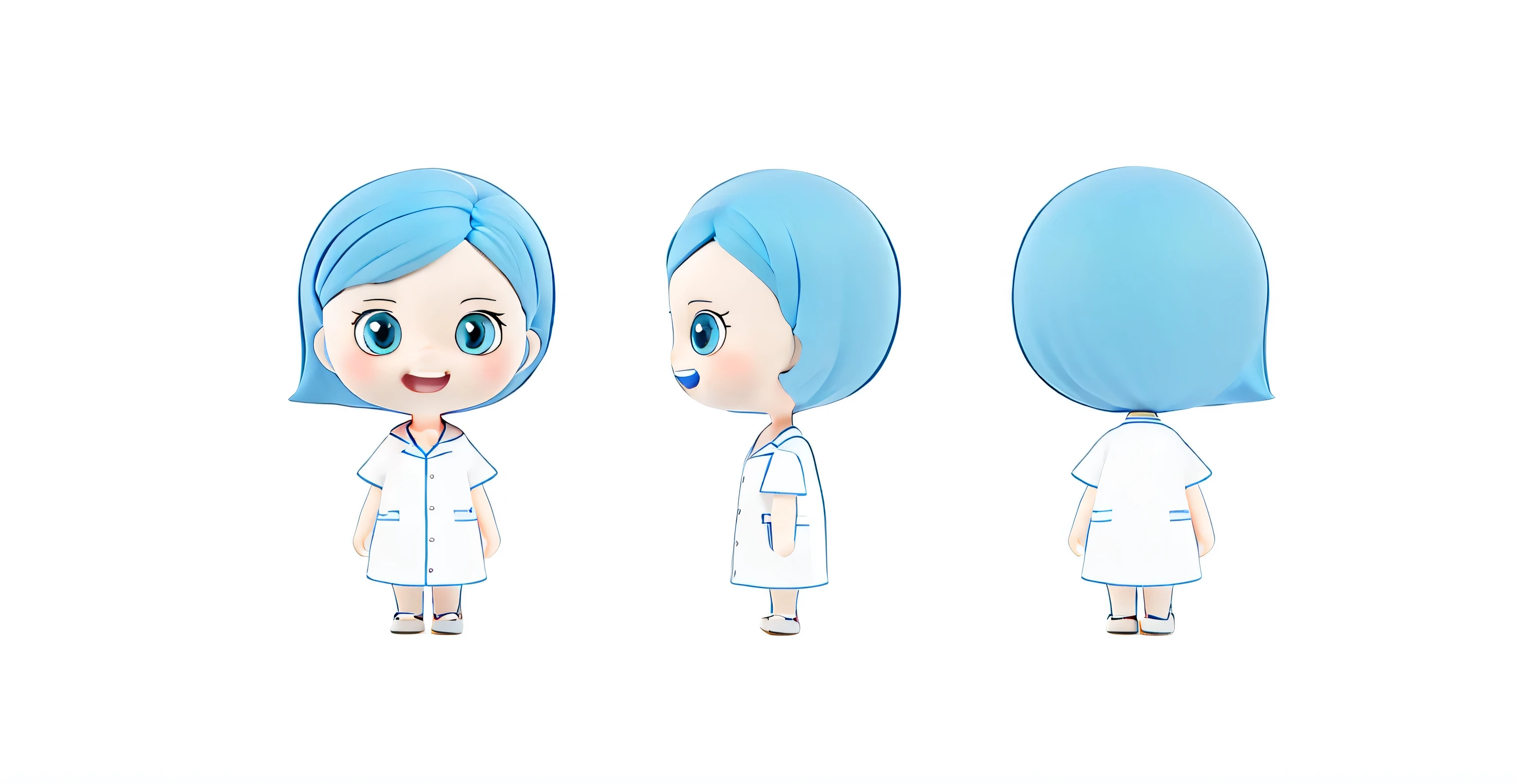 Cartoon character of a woman with blue hair and white shirt, animated characters, role conception for animation, Cartoon style illustration, character turnaround, role conception, The character is standing, simple cartoon style, woman with blue short hair, full body role conception, model table, nurse girl, high quality role conception, character model table, Wearing a lab coat and shirt, 4K resolution,C4D,OC renderer,Ultra-detailed,high quality,white background
