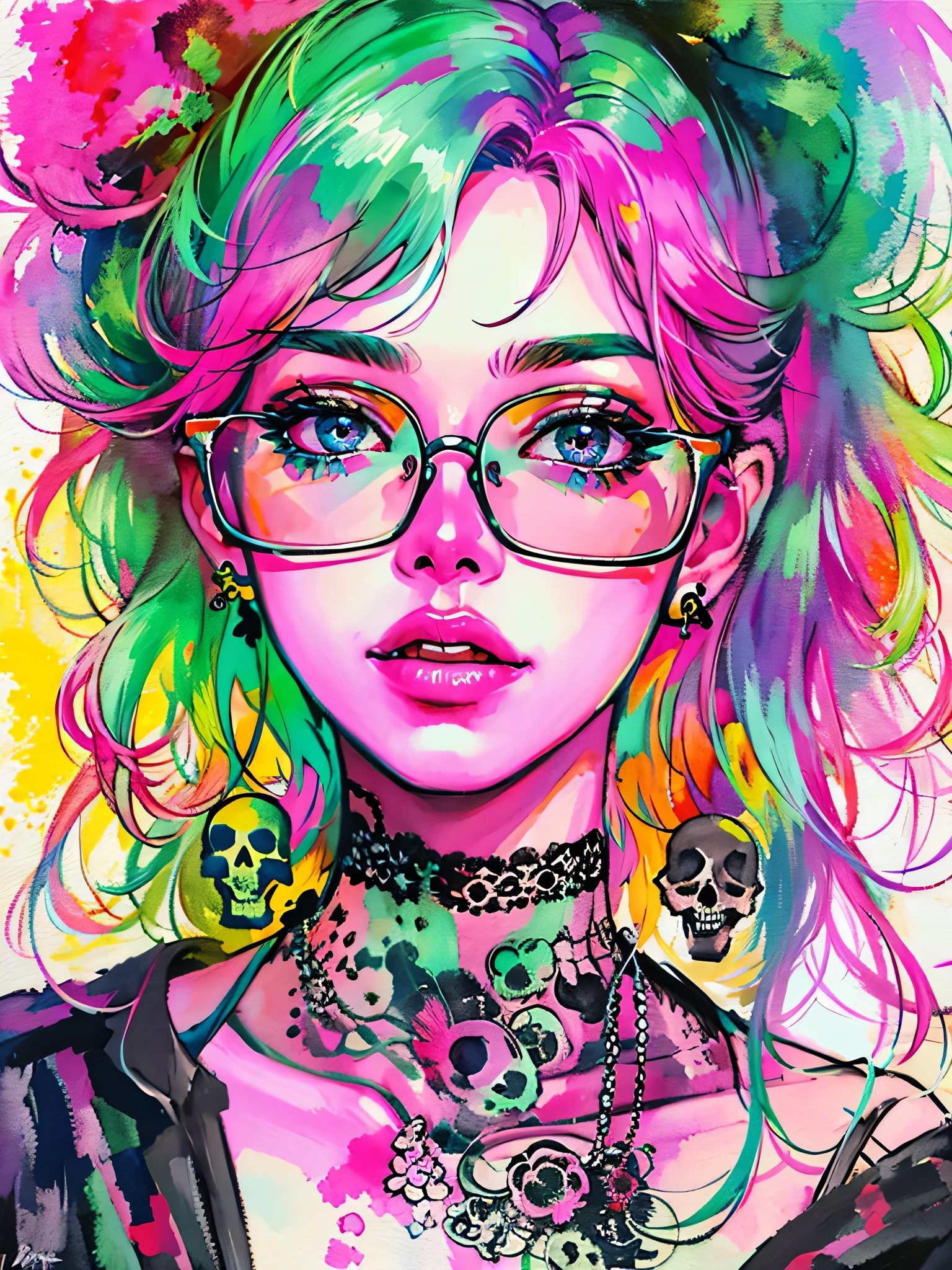 watercolor painting, 8K resolution、((highest quality))、((masterpiece))、((Super detailed))、1 female、alone、((incredibly absurd))、 (((most beautiful girl ever))), (((stylish glasses))), Lips in Love, skull fashion、neon、small breasts, (((skull doodle art))), colorful hair, provocative