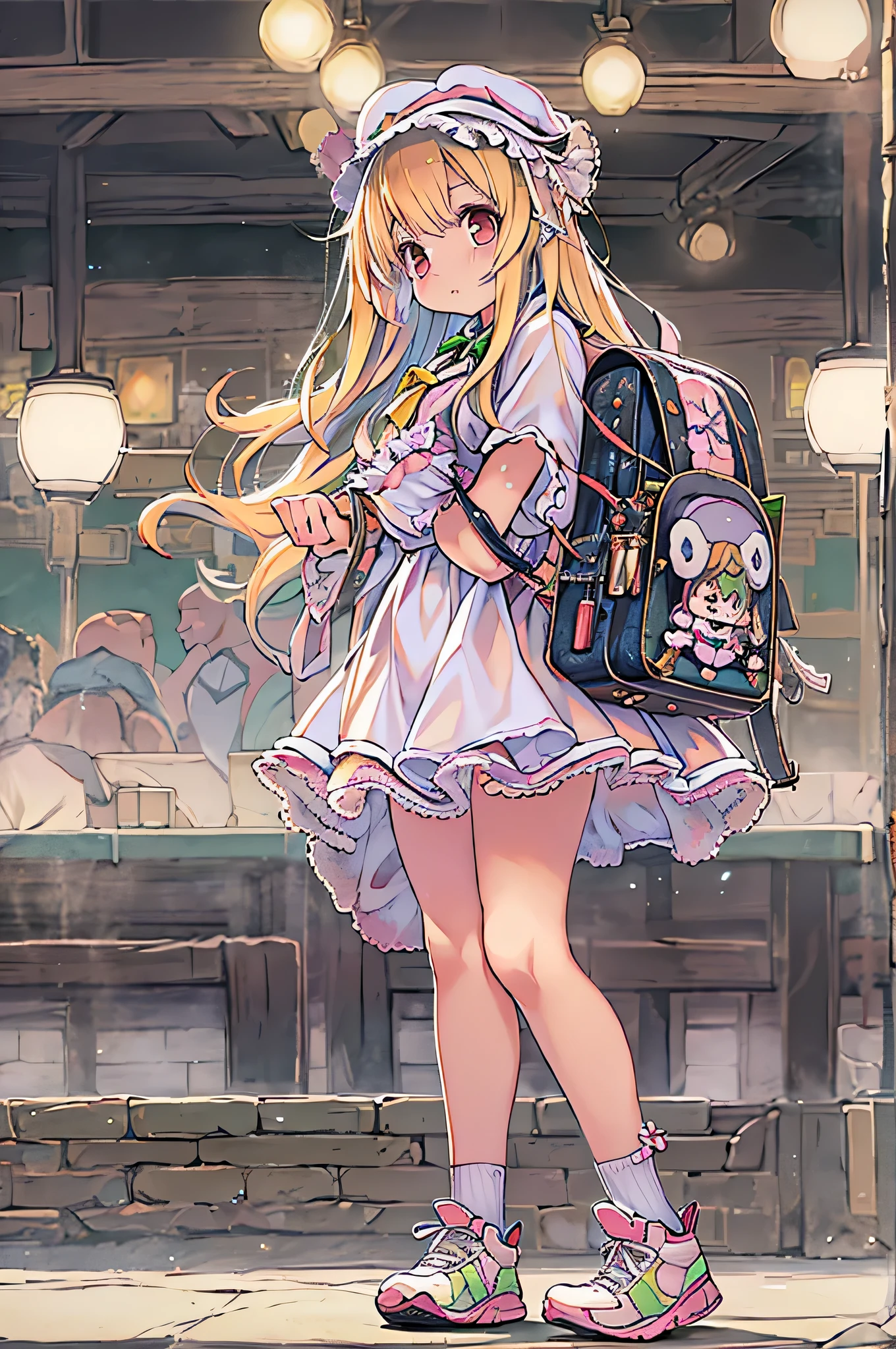 great details, 8k photo, hyper realism, professional lights, realistic background, visual depth, background bokeh, wide angle lens, full body, (13 years old, cute, , flat chest), 1 girl, colored eyes, blonde hair, (Lolita Fashion: 1.5), (race, ruffle shirt, white petticoat, sneakers), (stuffed toy), cute pink backpack, street, SKULL fashion