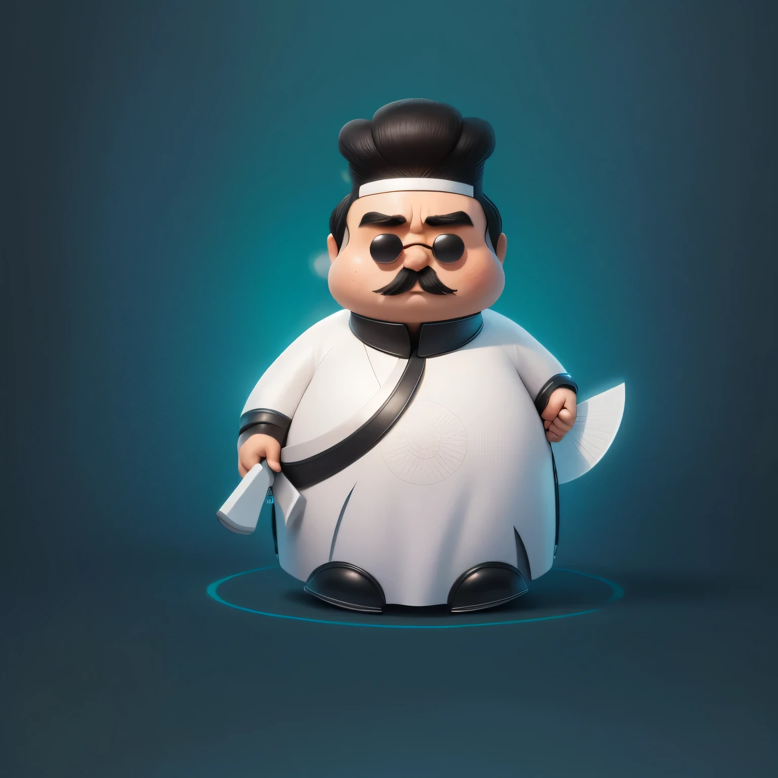 cartoon character of a man existith a knife and a mustache, Inspired by Dong Yuan, kenny existong x pop mart, Inspired by Wang Fu, bao pnan, inspired by Zhao Mengfu, Inspired by arrive Huang Ding, Inspired by Cao Zhibai, Inspired by Chen Daofu, artexistork in the style of z.exist. arrive, Inspired by arrive Hu Zaobin,Chinese,black hair,white clothes,fan,allegro,Black sunglasses,simple background,