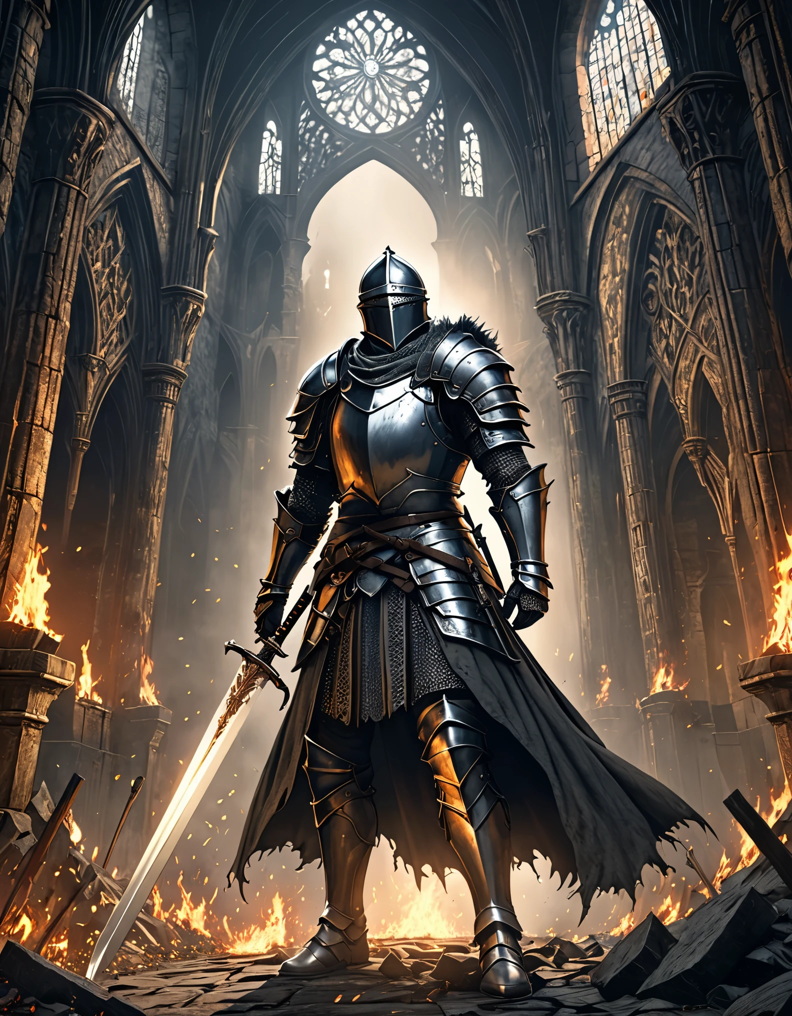 (8k unit wallpaper CG is extremely detailed, masterpiece, best quality, Super detailed), (((alone))), ((Wide-angle lens:1.5)), (Paladin with legendary sword), (theme background), middle Ages, magnificent scene, Dark and sinister environment, (dark souls 3, illustrator, (Best Illustration)