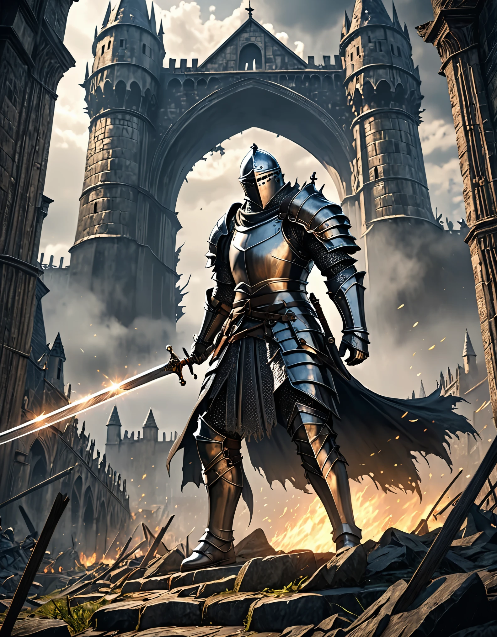 (8k unit wallpaper CG is extremely detailed, masterpiece, best quality, Super detailed), (((alone))), ((Wide-angle lens:1.5)), (Paladin with legendary sword), (theme background), middle Ages, magnificent scene, Dark and sinister environment, (dark souls 3, illustrator, (Best Illustration)