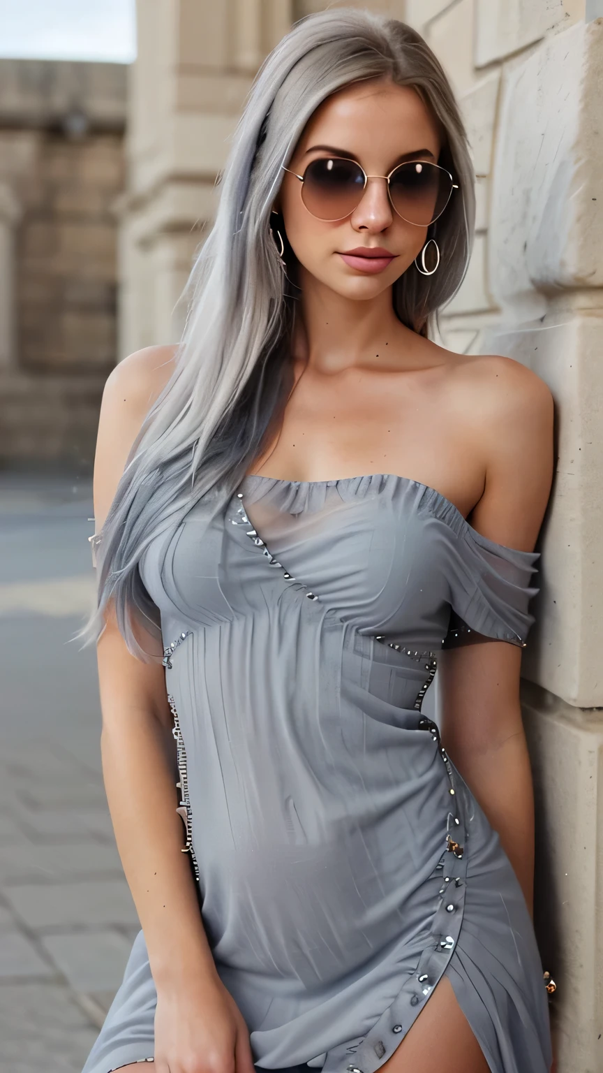 A very beautiful young woman, looking very beautiful, with her hair in shades of grey-blue in a 1.3 ombre style, taken with an iPhone camera, the photo has a film grain effect and is of medium quality. Stone embellished mesh dress for the whole body.Let the hair be on the right shoulder.Let there be a large stoned belly piercing.Stone earrings with you.