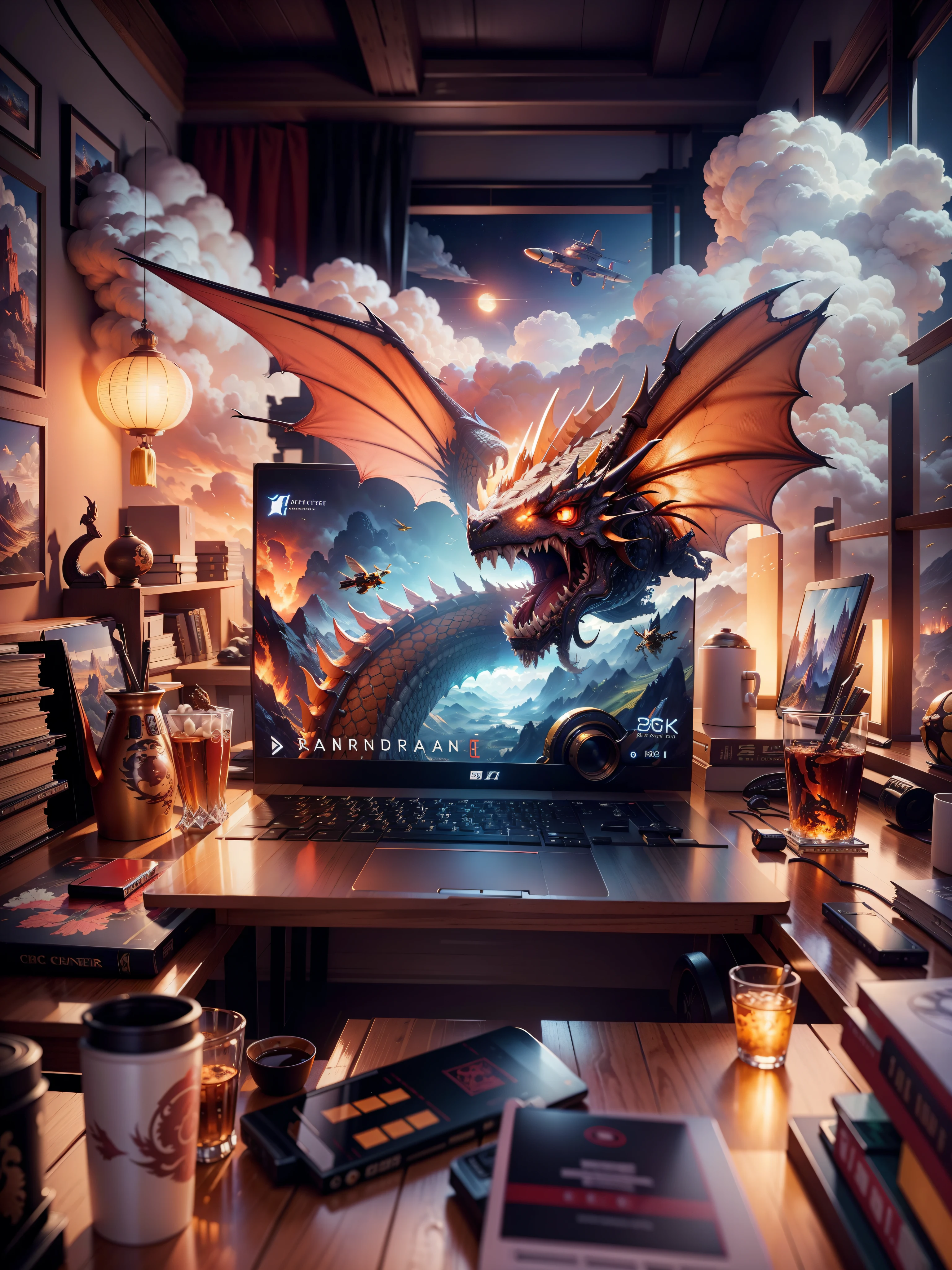Have a laptop,There is a picture of a Chinese dragon on the screen,Chinese style, There are many clouds in the distance,There are many airplanes around the clouds,4k highly detailed digital art, 4k detailed digital art, 3D epic illustration, 3d rendering beeple, (octane rendering) fantasy style, digital dreamland, Dan Mumford. 8 k octane rendering, bee style, The encounter between technology and fantasy, 3d rendering digital art,Small planes flying in the sky,There are many details in the picture,masterpiece,Cinematic quality