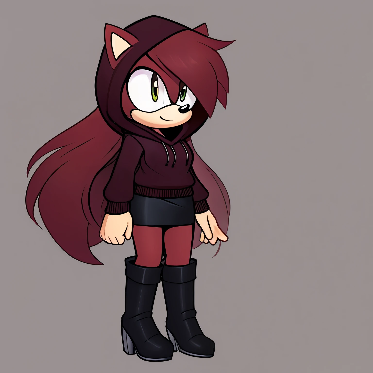 Female, Mobian, Hedgehog, Maroon fur, long hair/quills, medium breasts, darkish yellow hooded sweater, black heeled boots, shirt, black pencil skirt, standing, solo, 1girl, hood down
