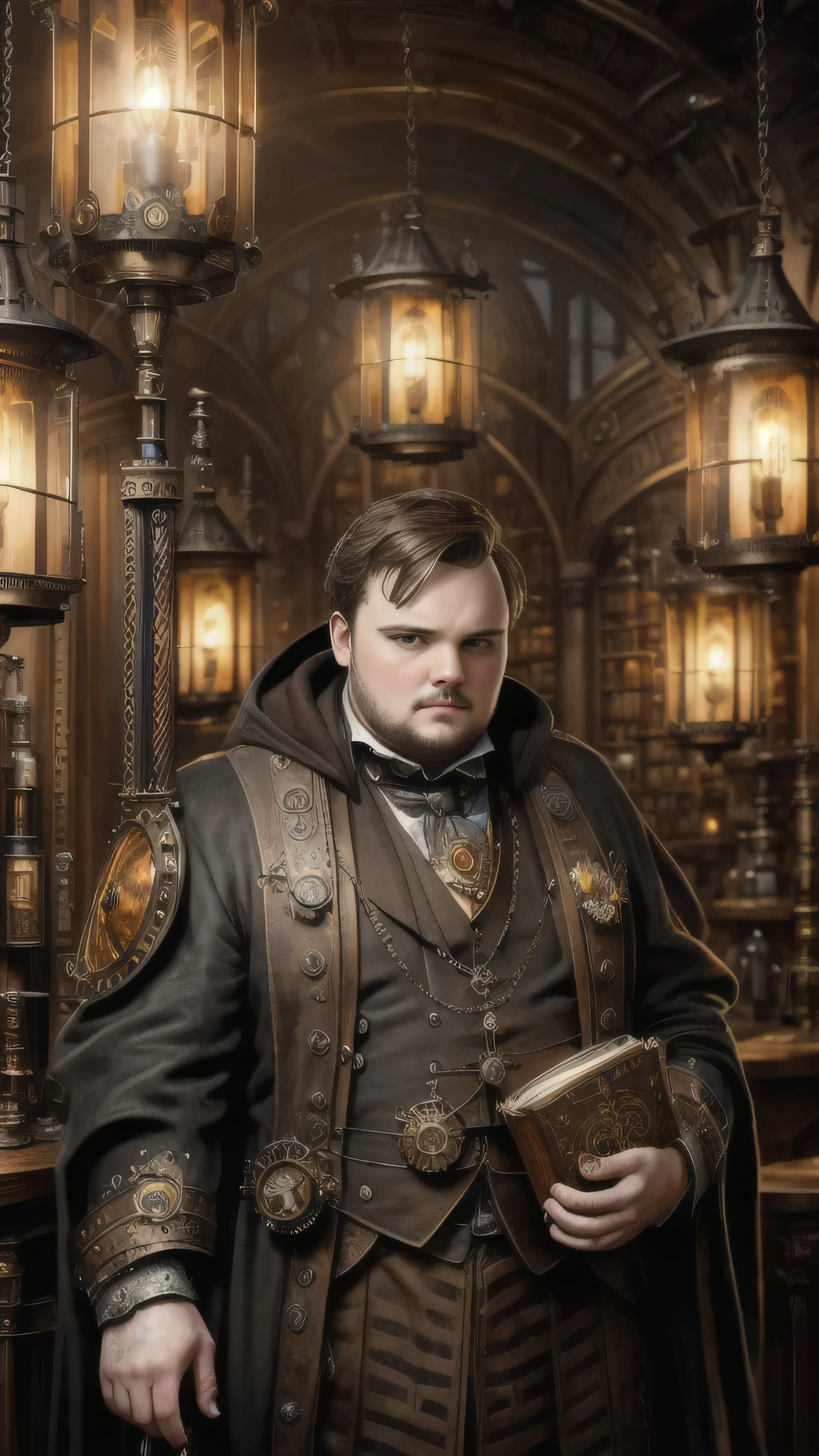 steampunkai, ((John Bradley)) as Samwell Tarly, (steampunk black robe), (holding steampunk scrolls), standing in a steampunk library, 1man, solo, beautiful detailed glow, detailed, cinematic light, intricate detail, realistic, highres, detailed facial features, high detail, sharp focus, smooth, aesthetic, extremely detailed, stamp, octane render