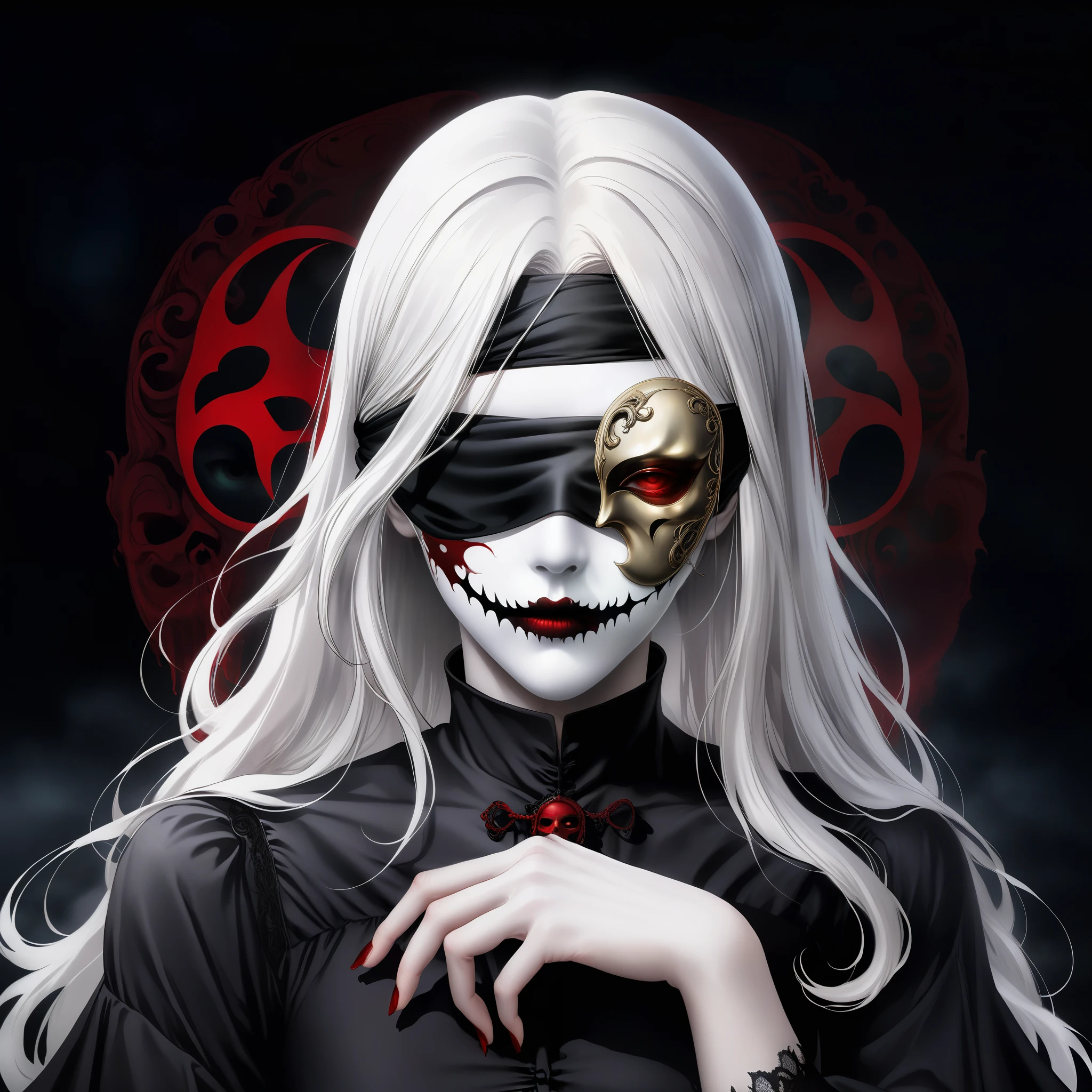 （Holding a mask in hand：1.5），（White-haired ghost wearing an eyepatch，straight hair，red eyes），（gothic art），（The devil is behind her），（fear：1.5），（Correct human anatomy：1.37）