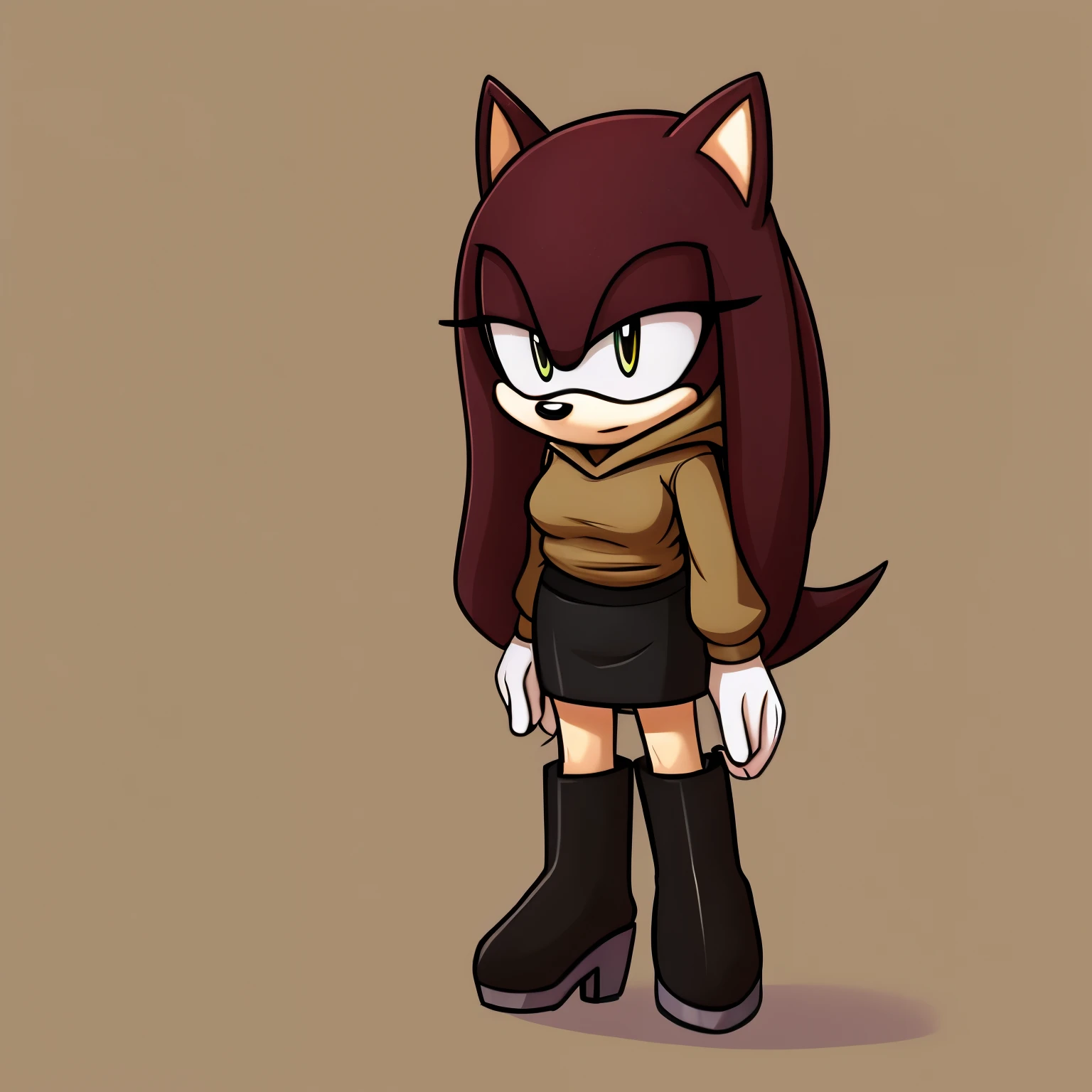 Female, Mobian, Hedgehog, Maroon fur, long hair/quills, medium breasts, darkish yellow hooded sweater, black heeled boots, shirt, black pencil skirt, standing, solo, 1girl, hood down