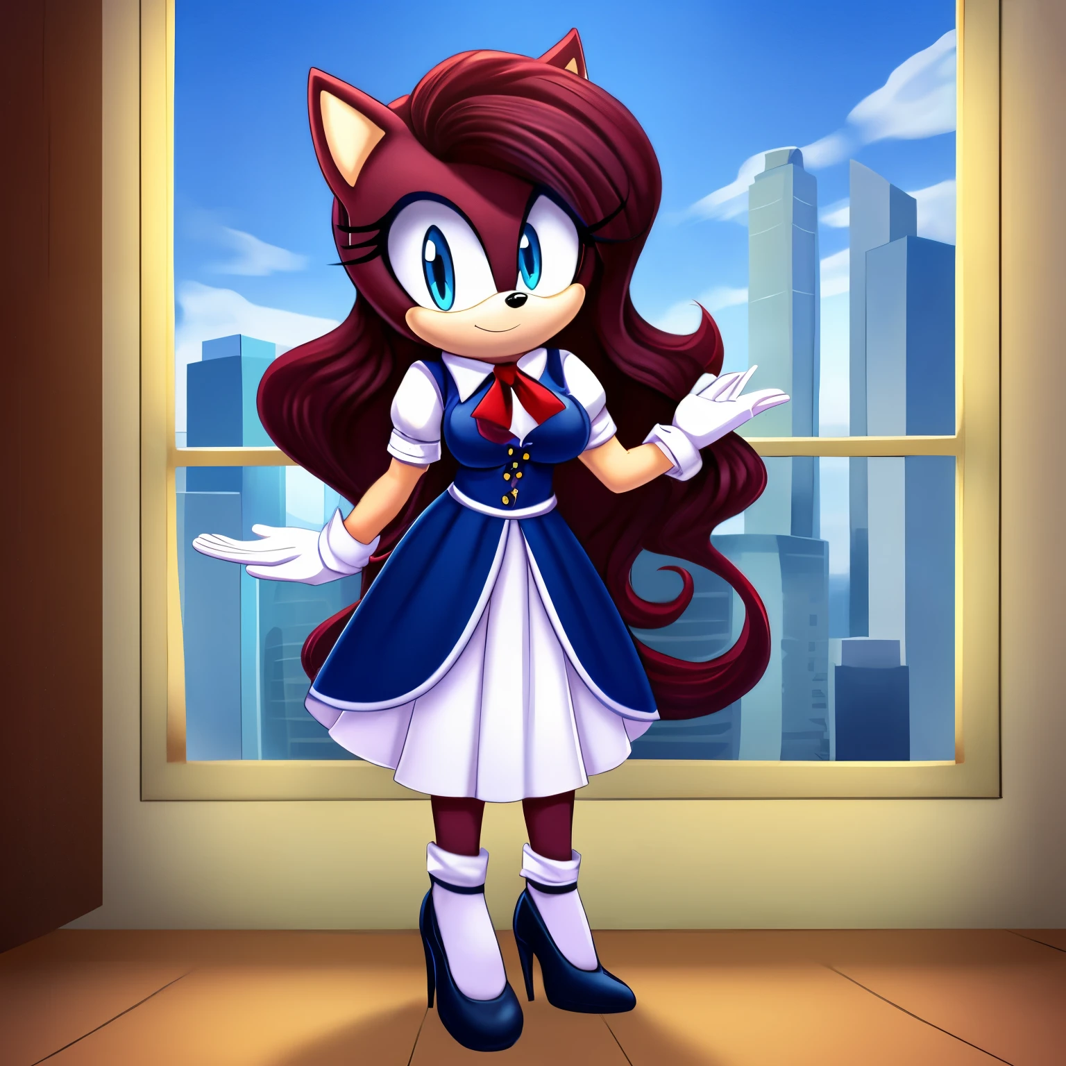 Female, Mobian, Hedgehog, Maroon fur, long hair/quills, breasts, standing, solo, 1girl, blue eyes, ((very long wavy quills/hair)), masterpiece, best quality, 1girl, solo, average sized breasts, looking at viewer, smile, long skirt, shirt, gloves, long dress, half body, short sleeves, puffy sleeves, collared shirt, white gloves, vest, arm up, black high heels, puffy short sleeves, ascot, buttons, happy, dress, furry, vest, body fur, ascot, blue eyes, furry female, sonic the hedgehog \(series\), perfect anatomy, vest, puffy sleeves, dress, hands held together in a polite manner, house, city view window, motherly figure, milf sized proportions, some makeup, (((nervous)))