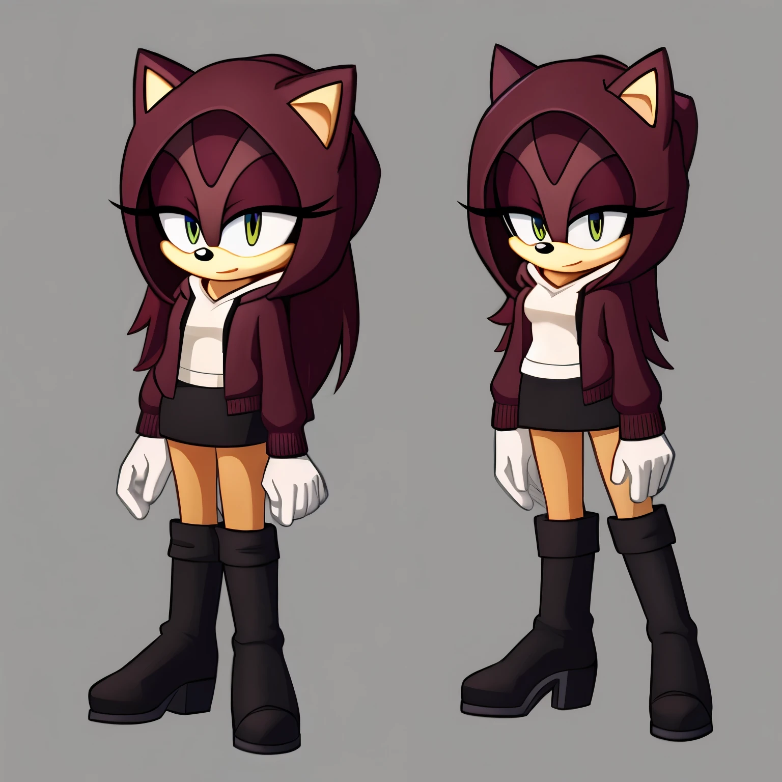 Female, Mobian, Hedgehog, Maroon fur, long hair/quills, medium breasts, darkish yellow hooded sweater with hood down, black heeled boots, shirt, black pencil skirt, standing, solo, 1girl
