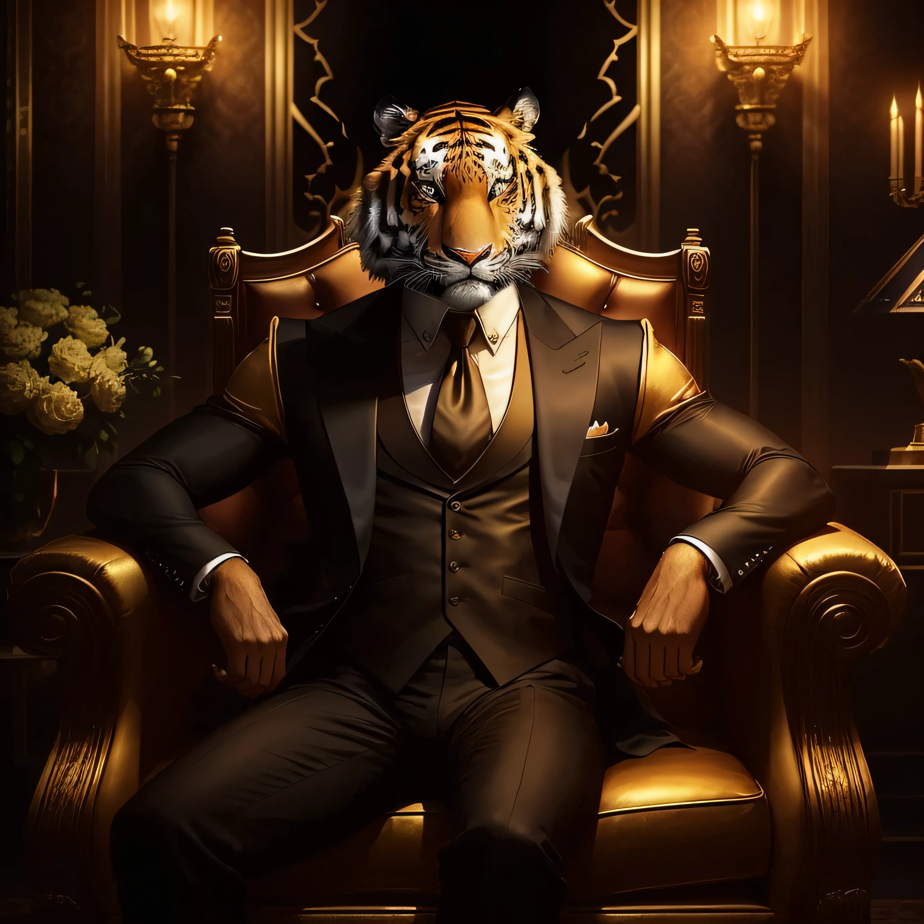 Under the elegant glow of the evening party lights, a tiger clad in a black vest sits upon a golden leather chair, posing for a direct photograph. The light gleams upon the vest, casting a sophisticated shadow on the tiger's sleek fur as it maintains a regal posture. Beneath the warm glow, the tiger's sharp eyes dart between the passing guests, exuding confidence and authority even in the stillness of the moment. The perfection in every detail of the vest, combined with the wild beauty of the tiger, creates a striking and luxurious image amidst the formal atmosphere of the event, capturing a moment of elegance and power frozen in time.